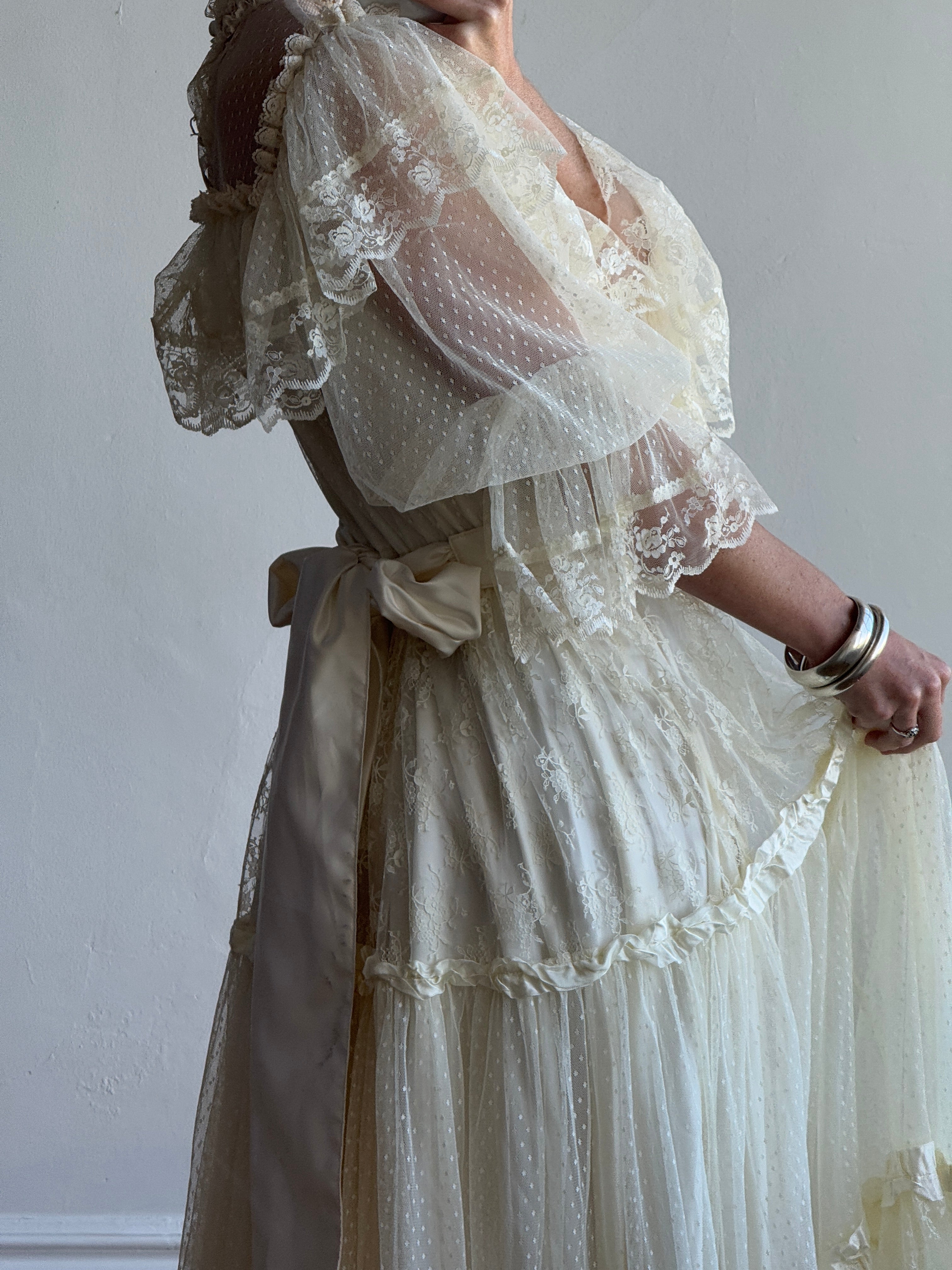 Vintage 70s Prairie Lace Wedding Gown with Beaded Basque Waist Belt