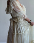 Vintage 70s Prairie Lace Wedding Gown with Beaded Basque Waist Belt