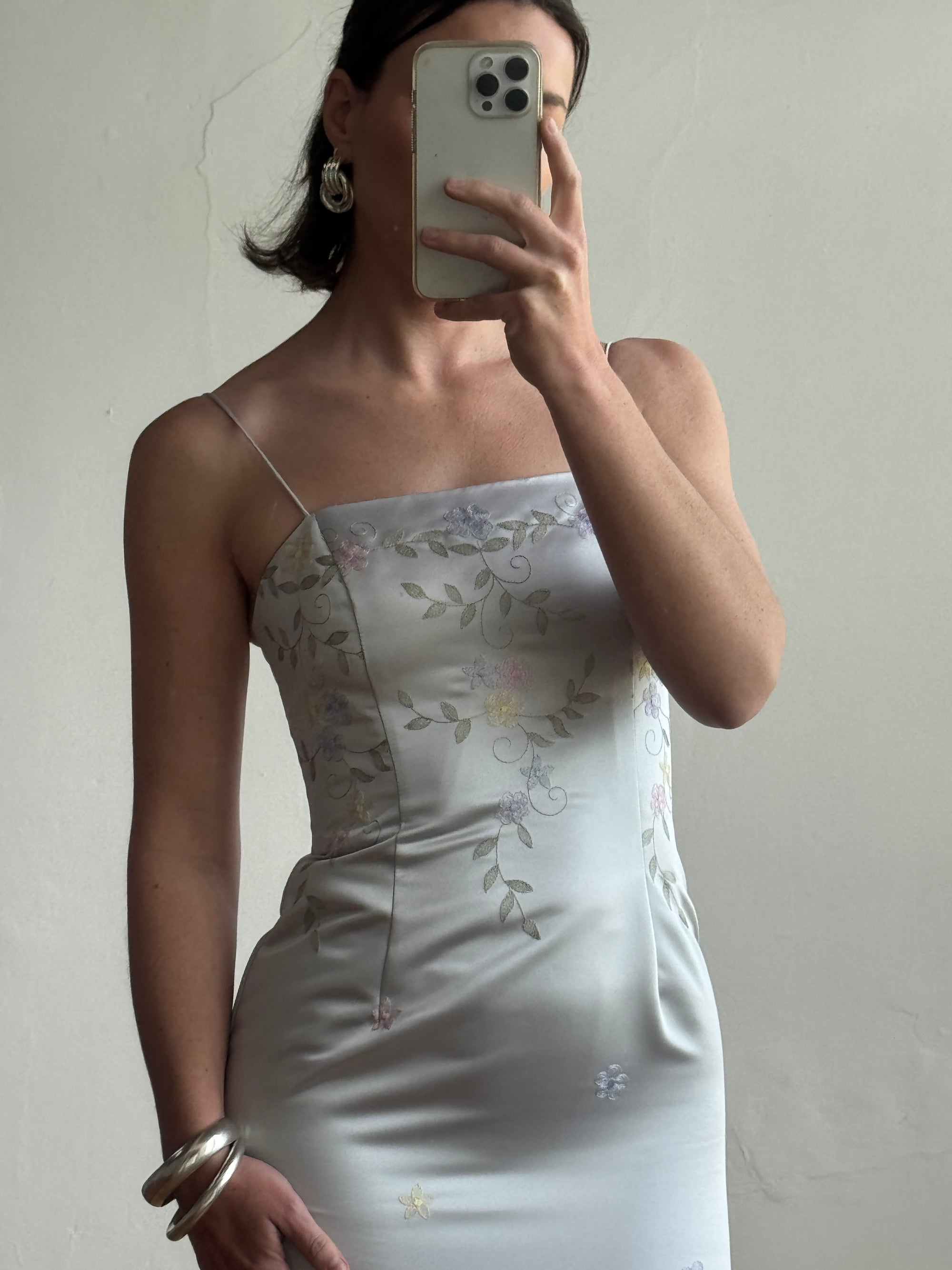 Vintage 90s Baby Blue Satin Embroidered Floral Column Midi