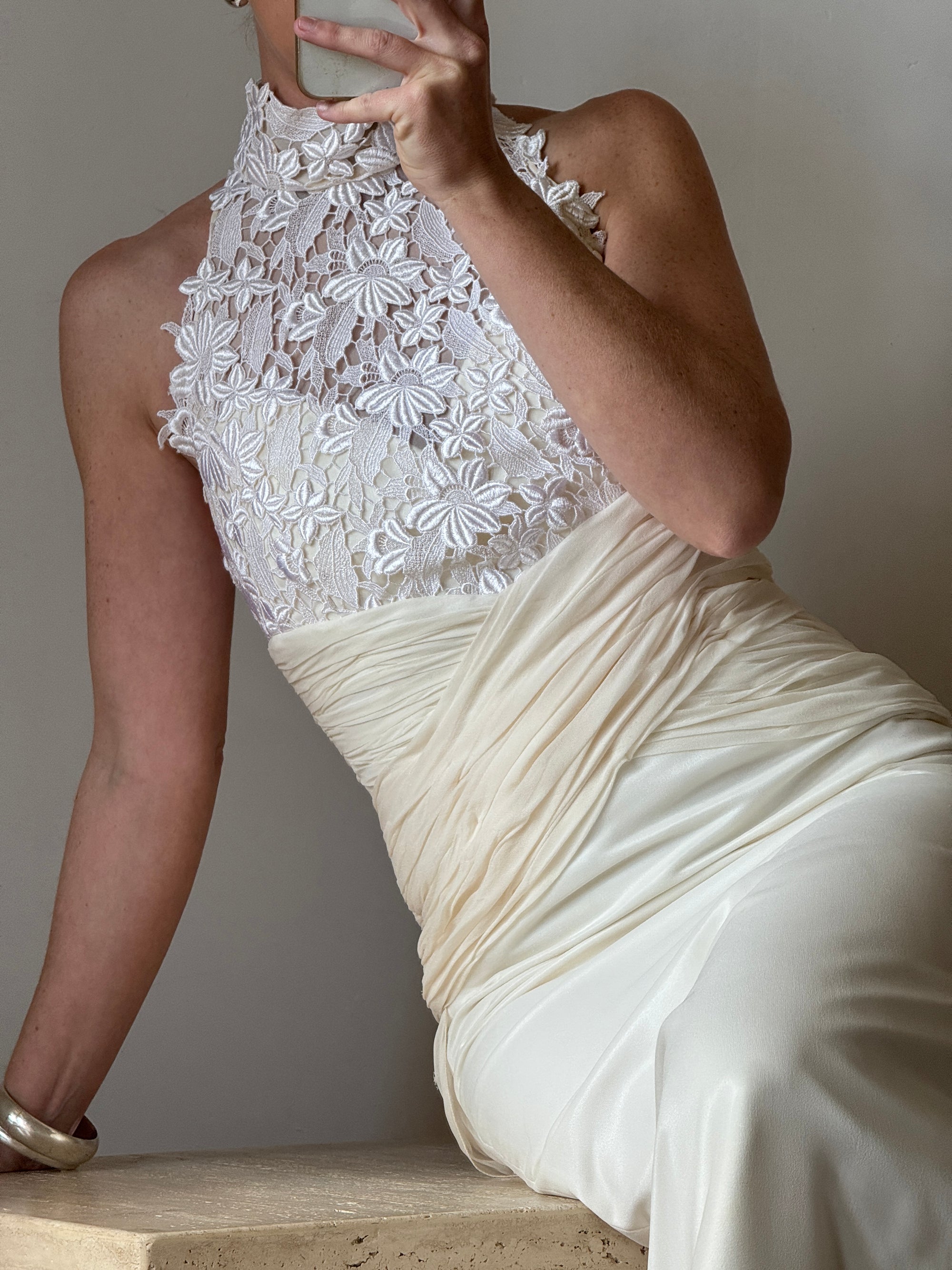 Vintage 90s High Front Lace Midi Dress with Pure Silk Train