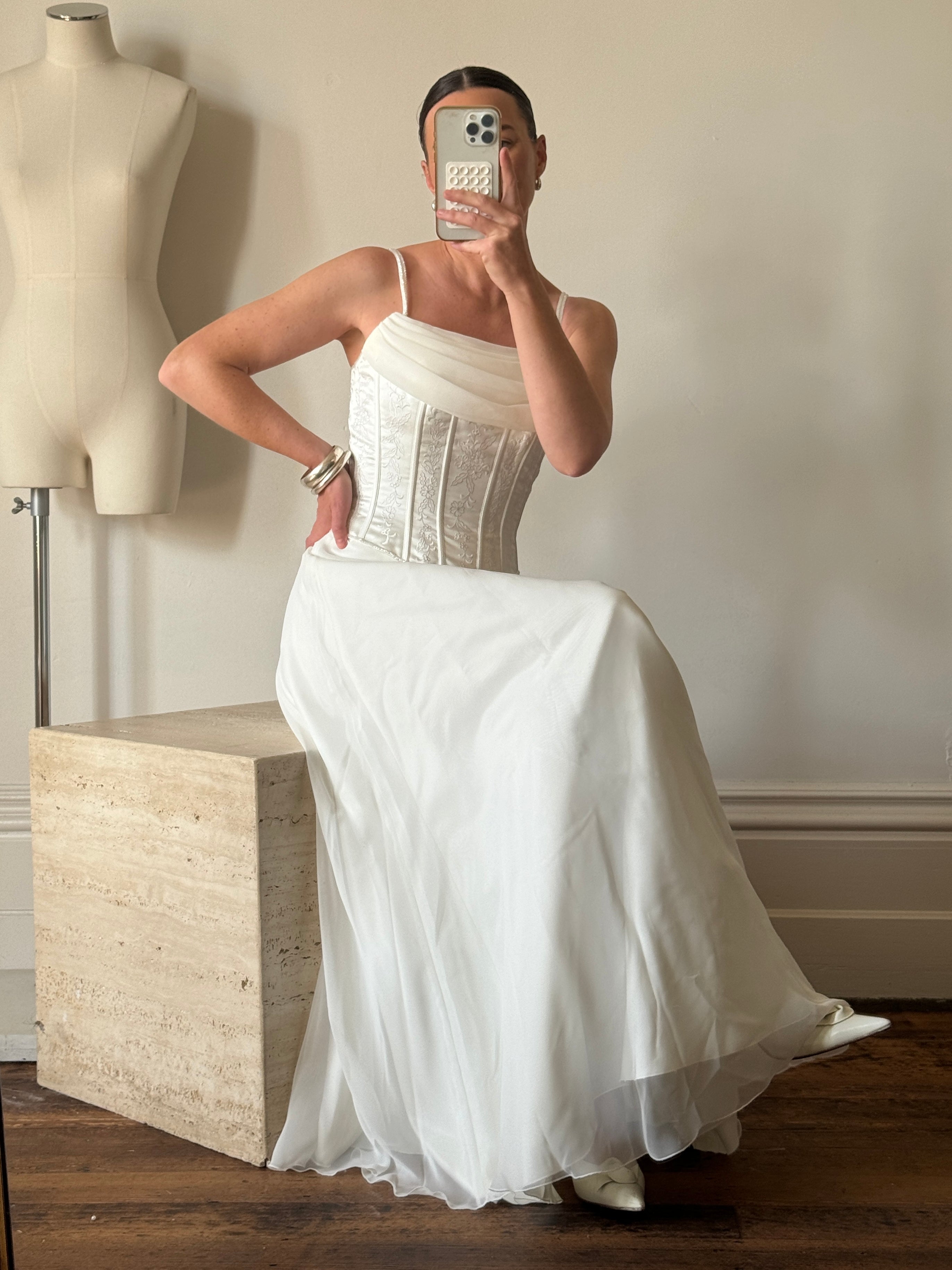 Vintage 90s Cowl Neck Jacquard Bodice Satin Wedding Dress