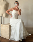 Vintage 90s Cowl Neck Jacquard Bodice Satin Wedding Dress