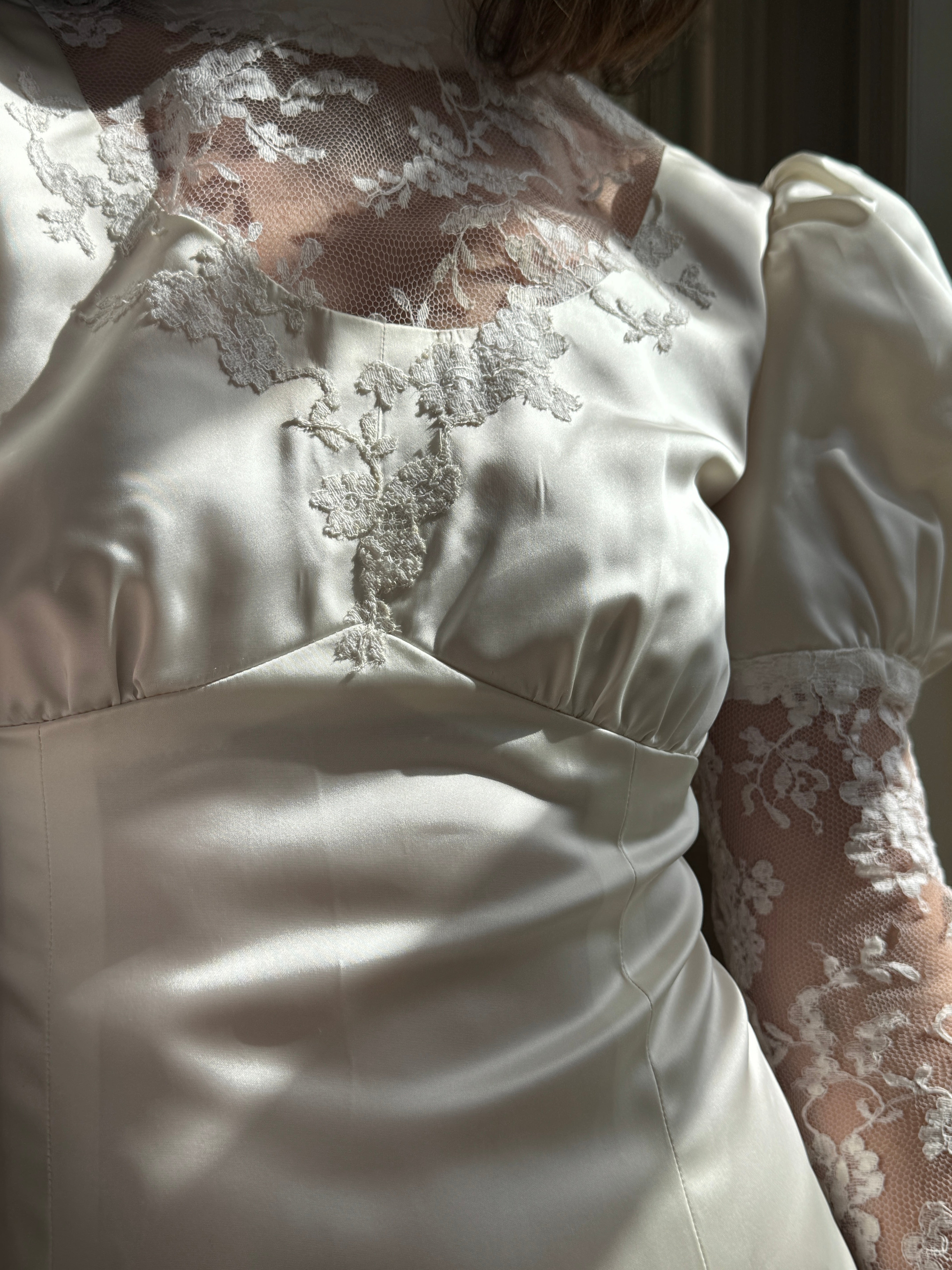 Vintage 80s Satin A-Line Wedding Gown with Puff Sleeves