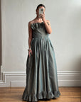 Vintage 80s Taffeta Pleated Strapless Gown Slate