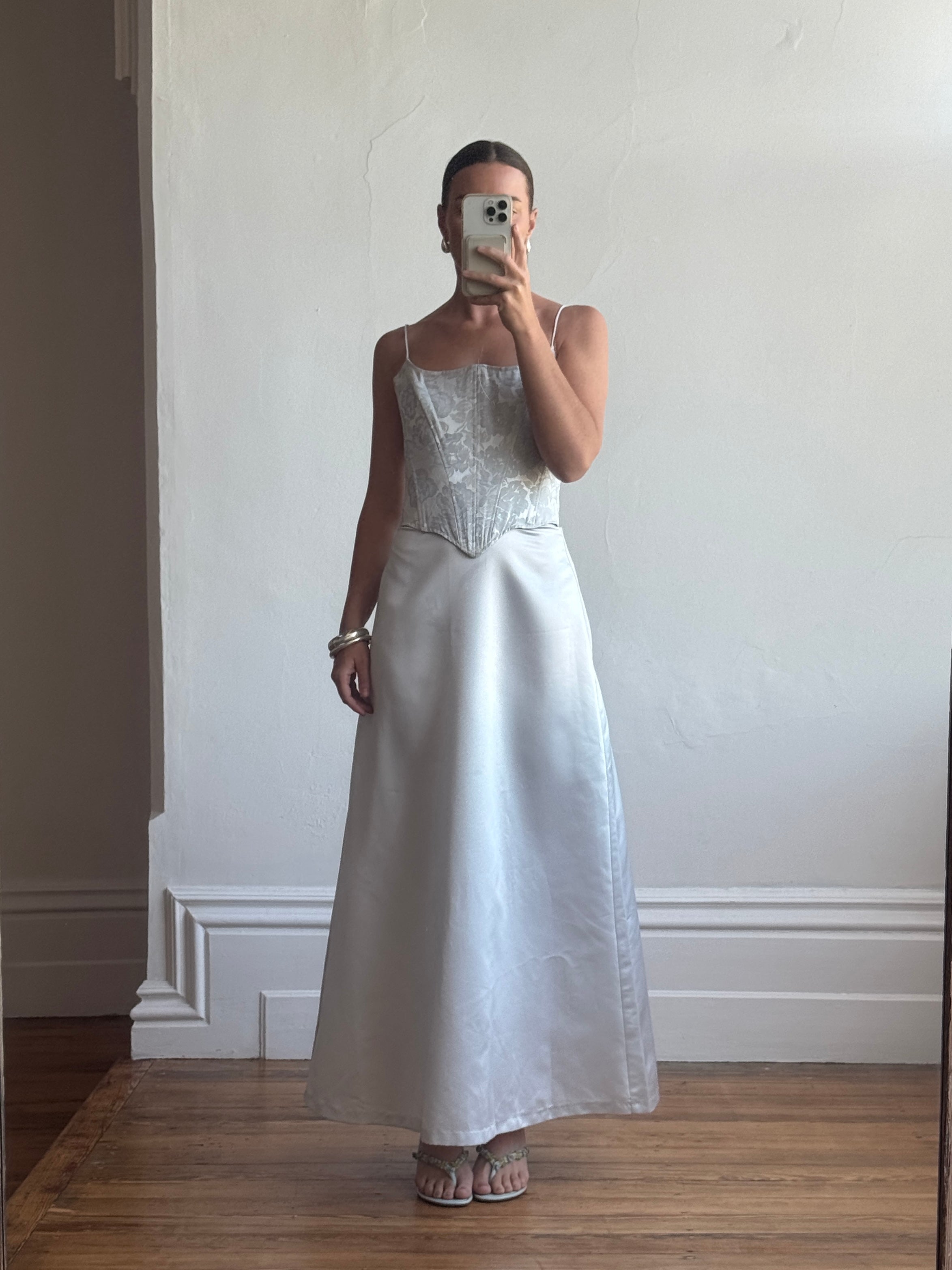 Vintage 90s Ice Blue Satin Jacquard Corset and Skirt Set