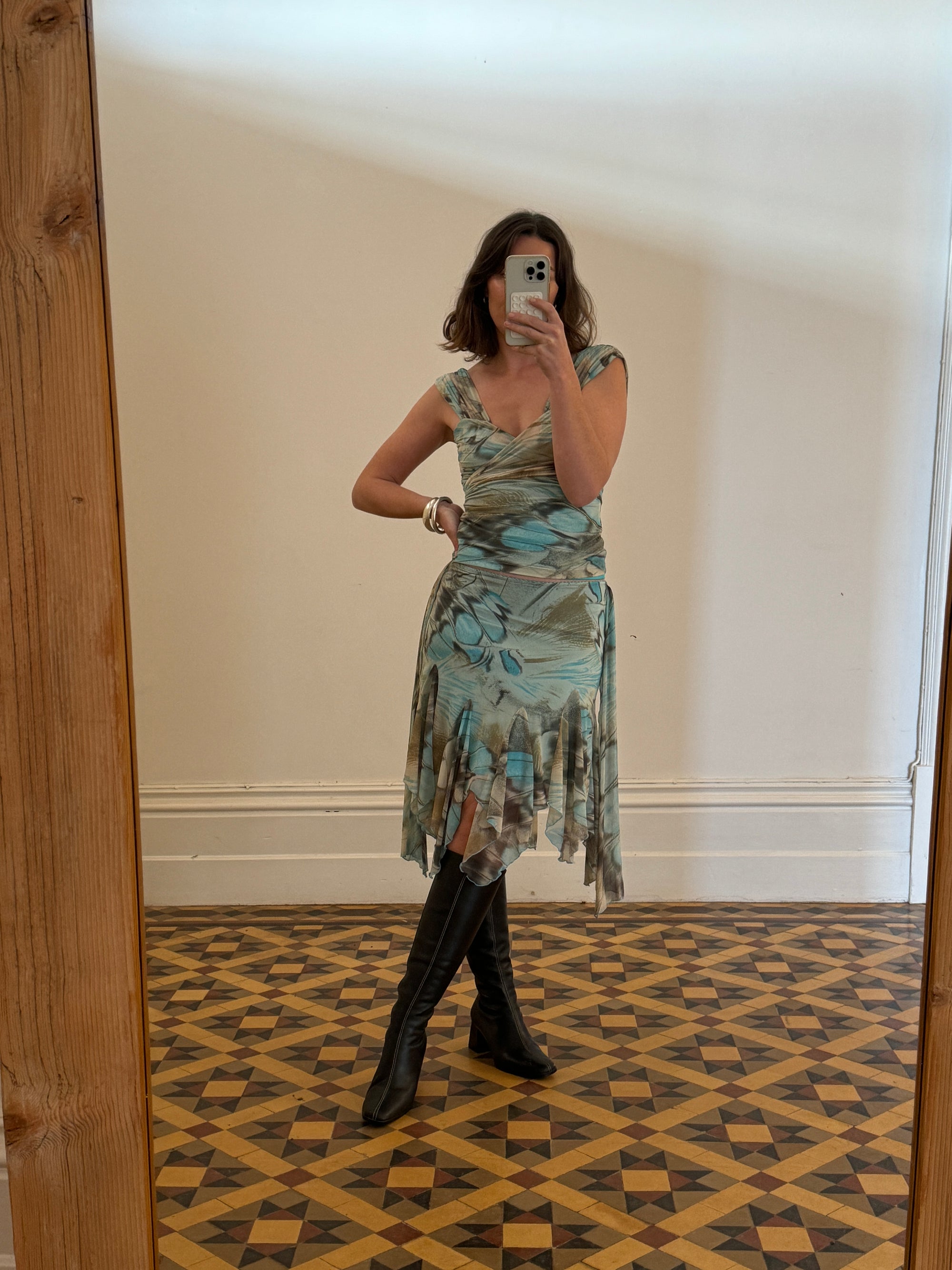 Vintage Y2K Butterfly Top and Skirt Set Aqua