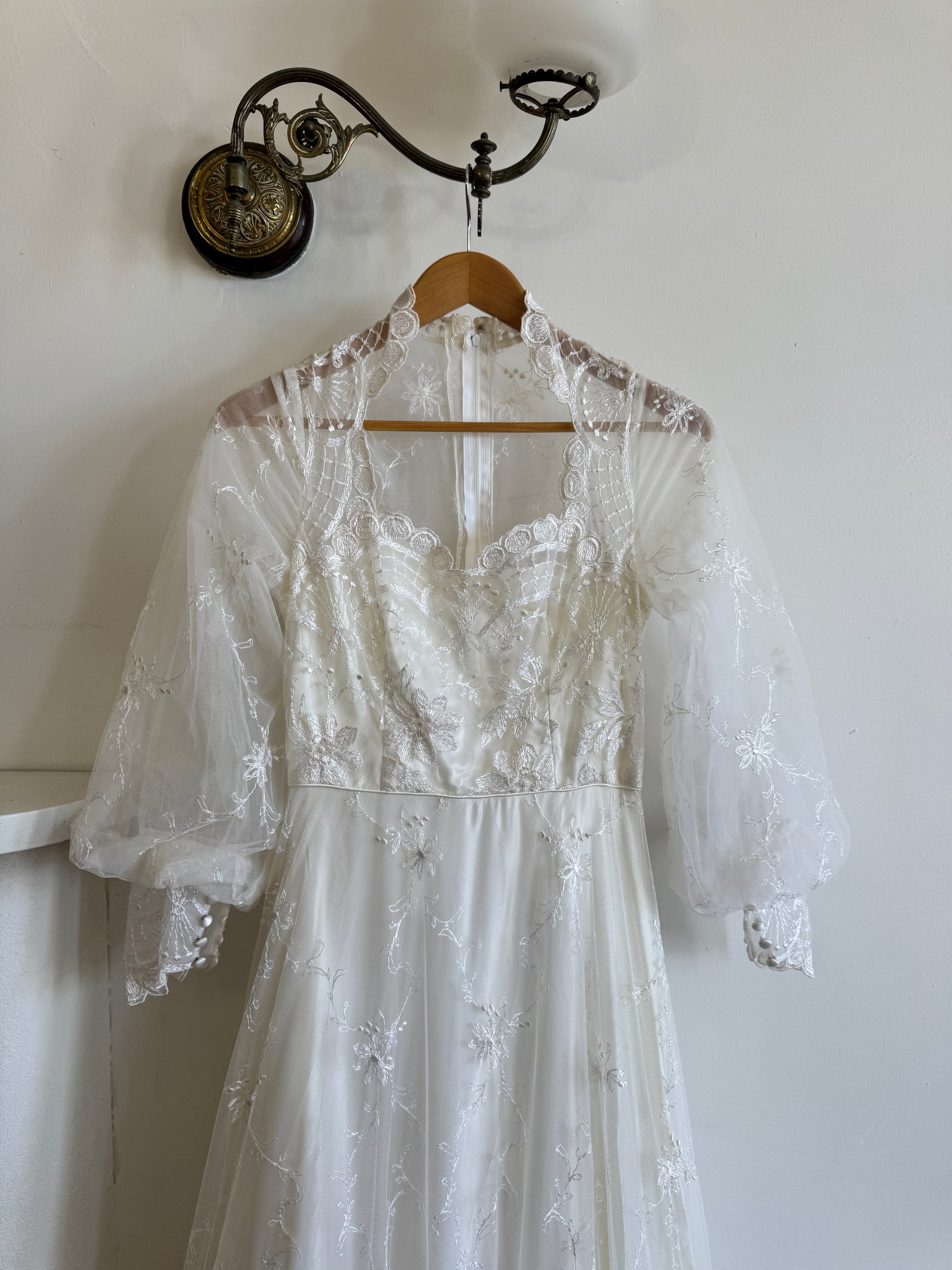 Vintage 70s Embroidered Prairie Long Sleeved Wedding Gown