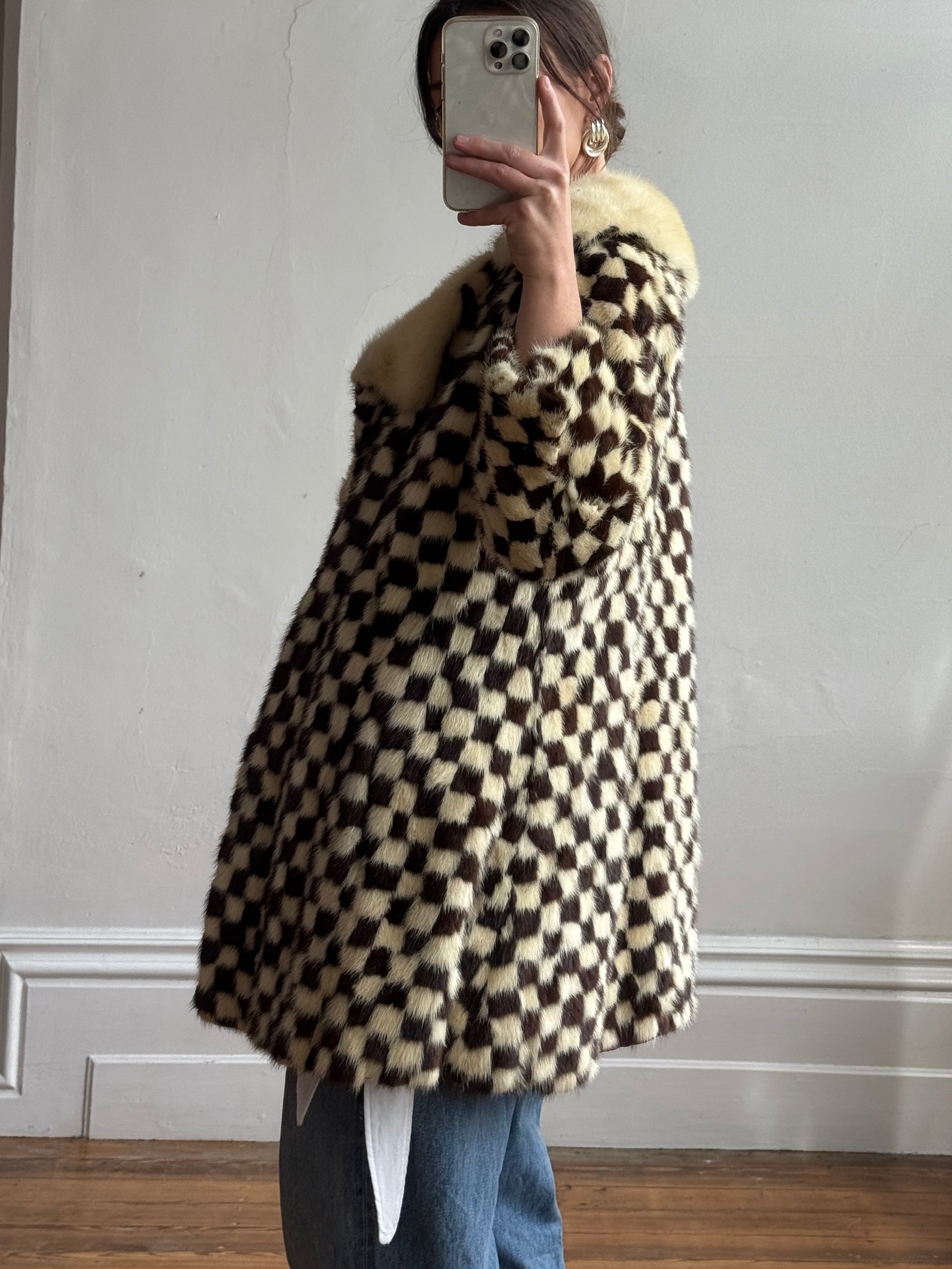 Vintage Rare 70s Mink Fur Checkerboard Coat