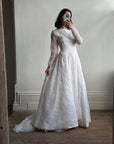 Vintage 50s Flocked Velvet Jacquard Wedding Gown with Bow Train