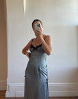Vintage 90s Mesh Strappy Slip Dress Blue Satin Noir