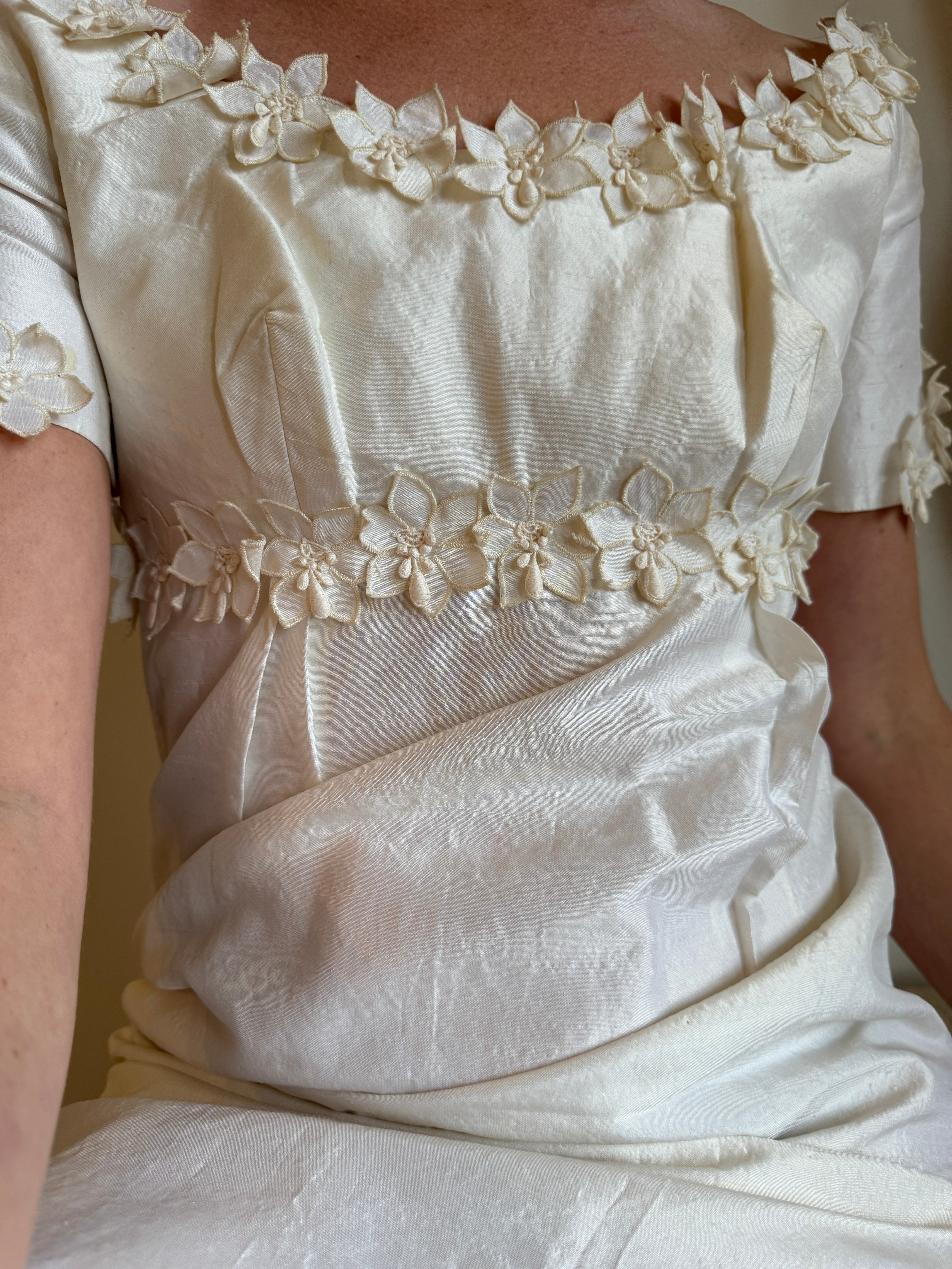 Vintage Pure Raw Silk Empire Bridal Dress With Floral Applique