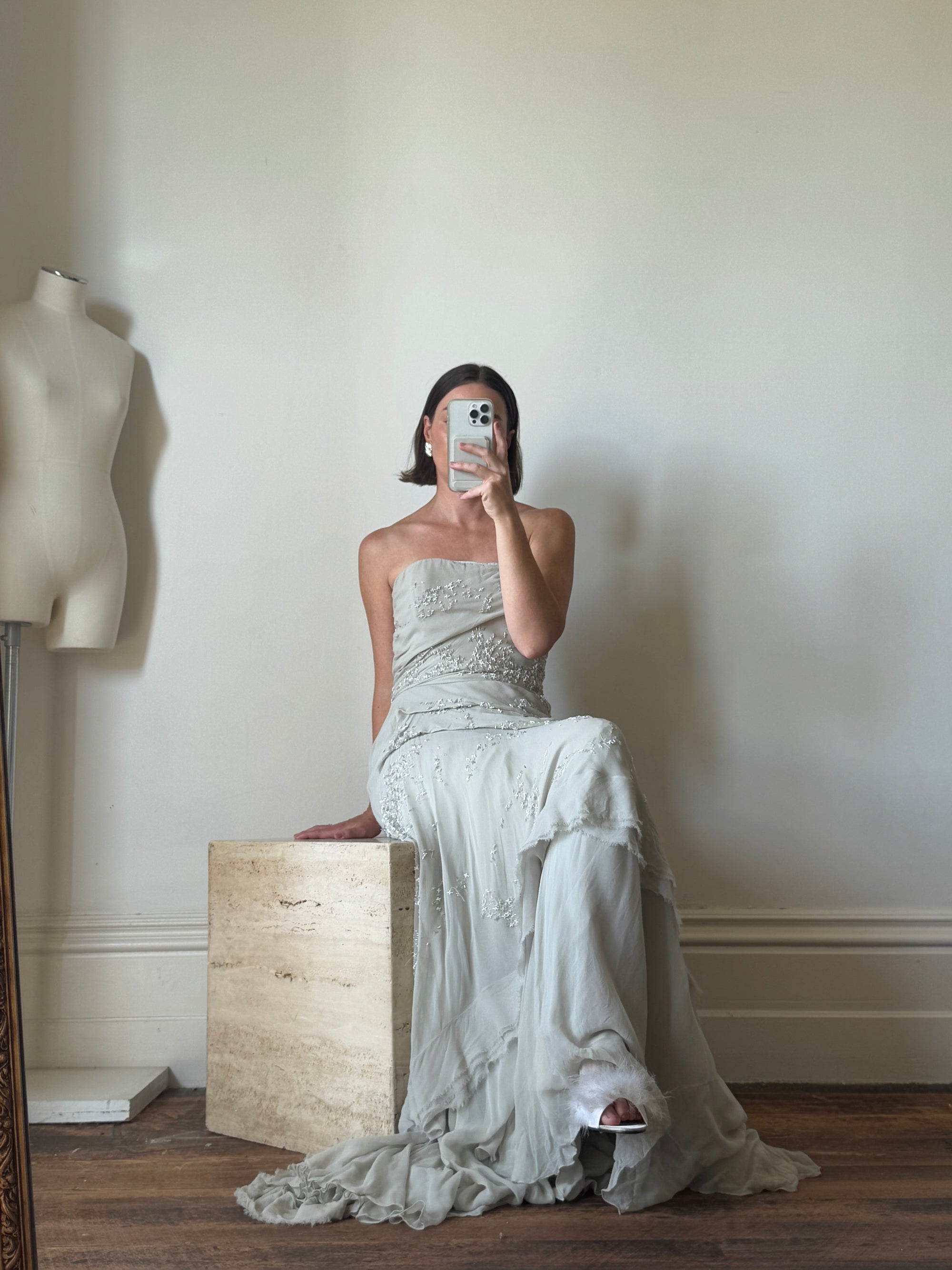 Archival Y2K J Mendel Pure Silk Beaded Wedding Dress Pale Grey