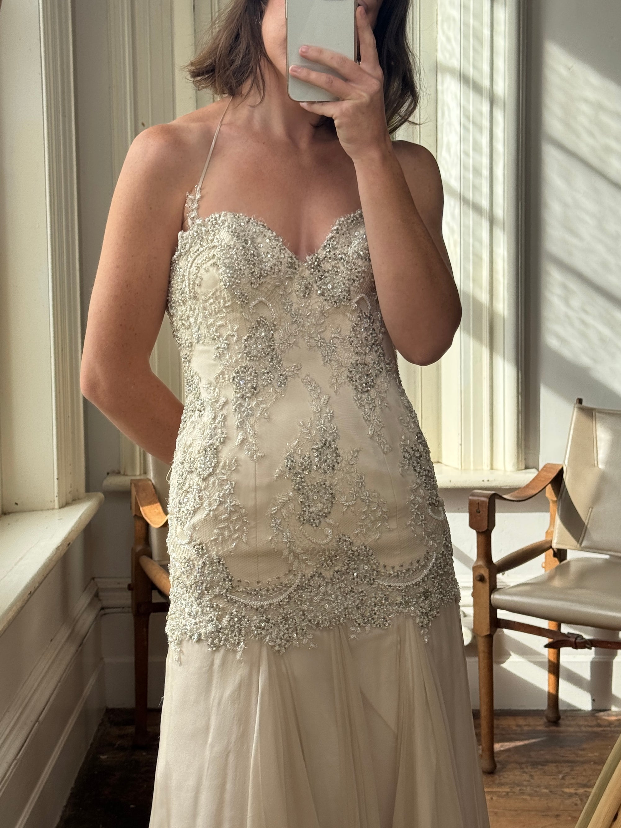 Vintage 90s Pure Silk Drop Waist Beaded Halter Gown with Cathedral Train