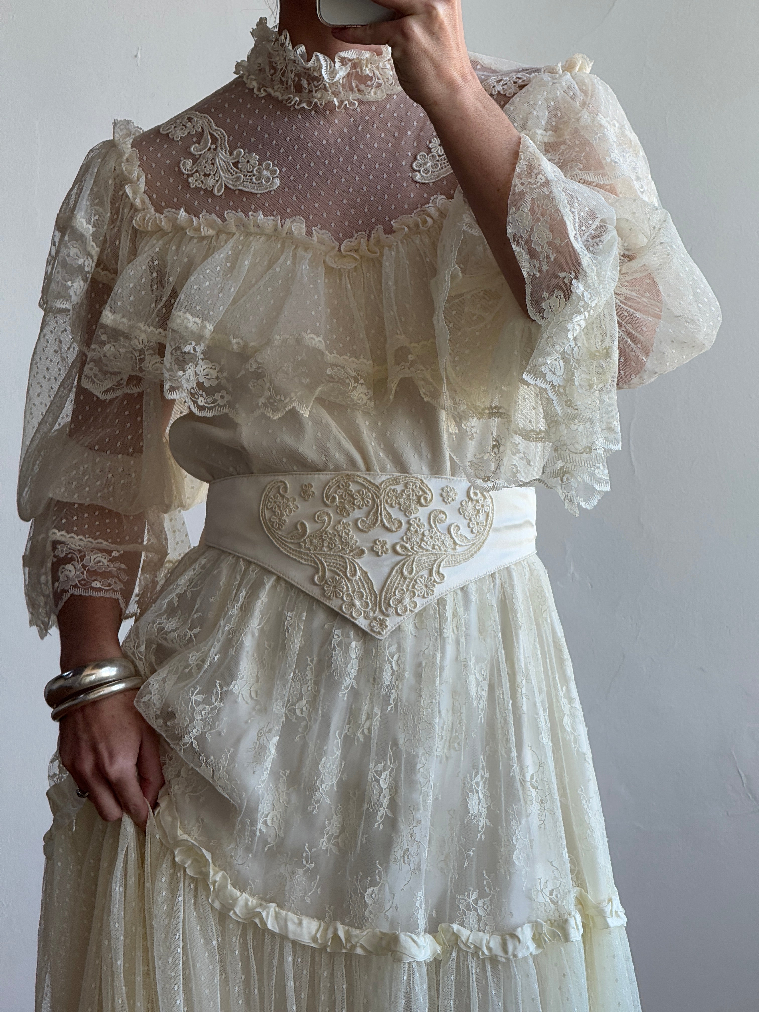 Vintage 70s Prairie Lace Wedding Gown with Beaded Basque Waist Belt