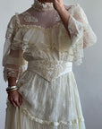 Vintage 70s Prairie Lace Wedding Gown with Beaded Basque Waist Belt