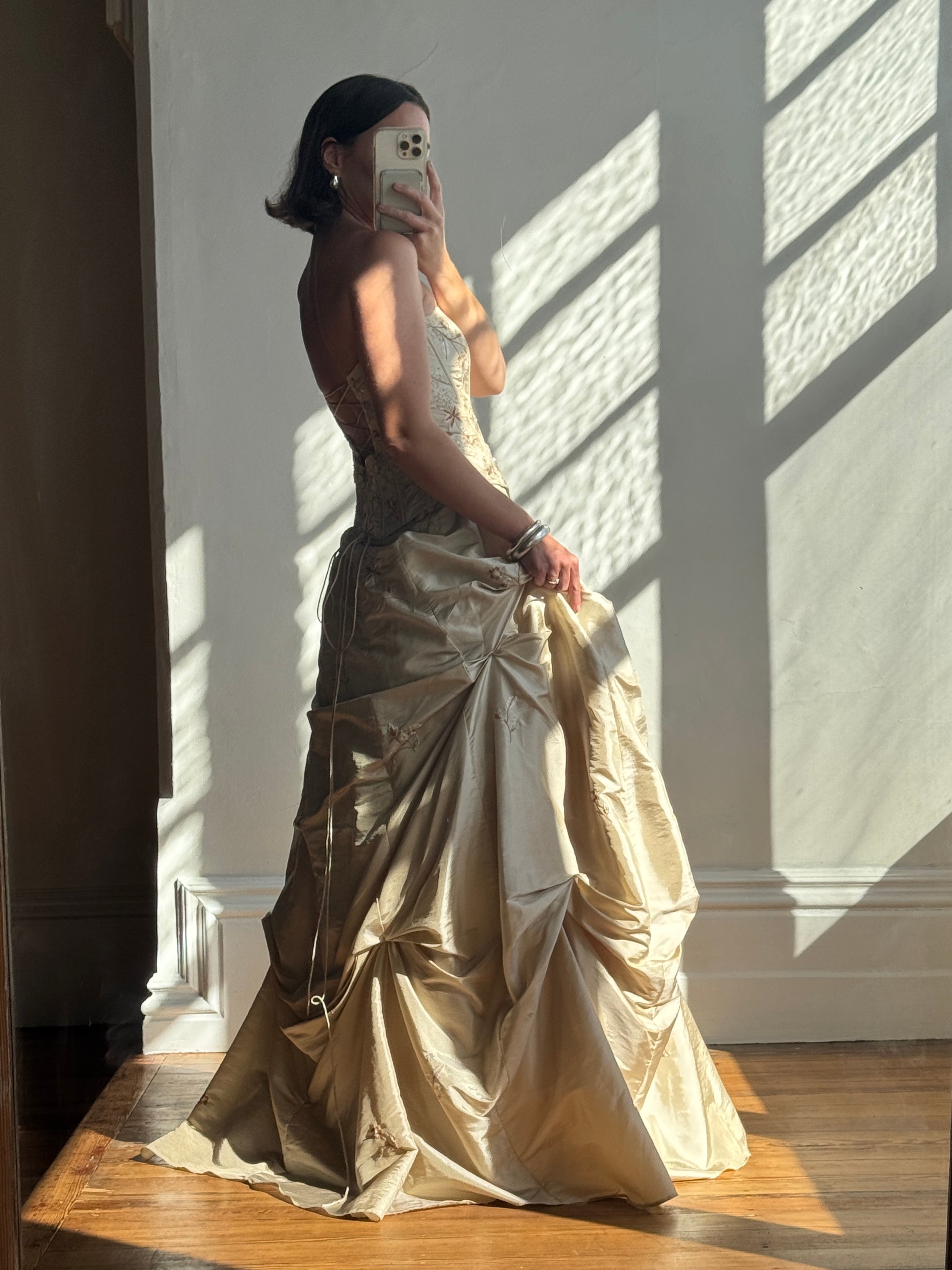 Vintage 90s Golden Embroidered Princess Strapless Gown