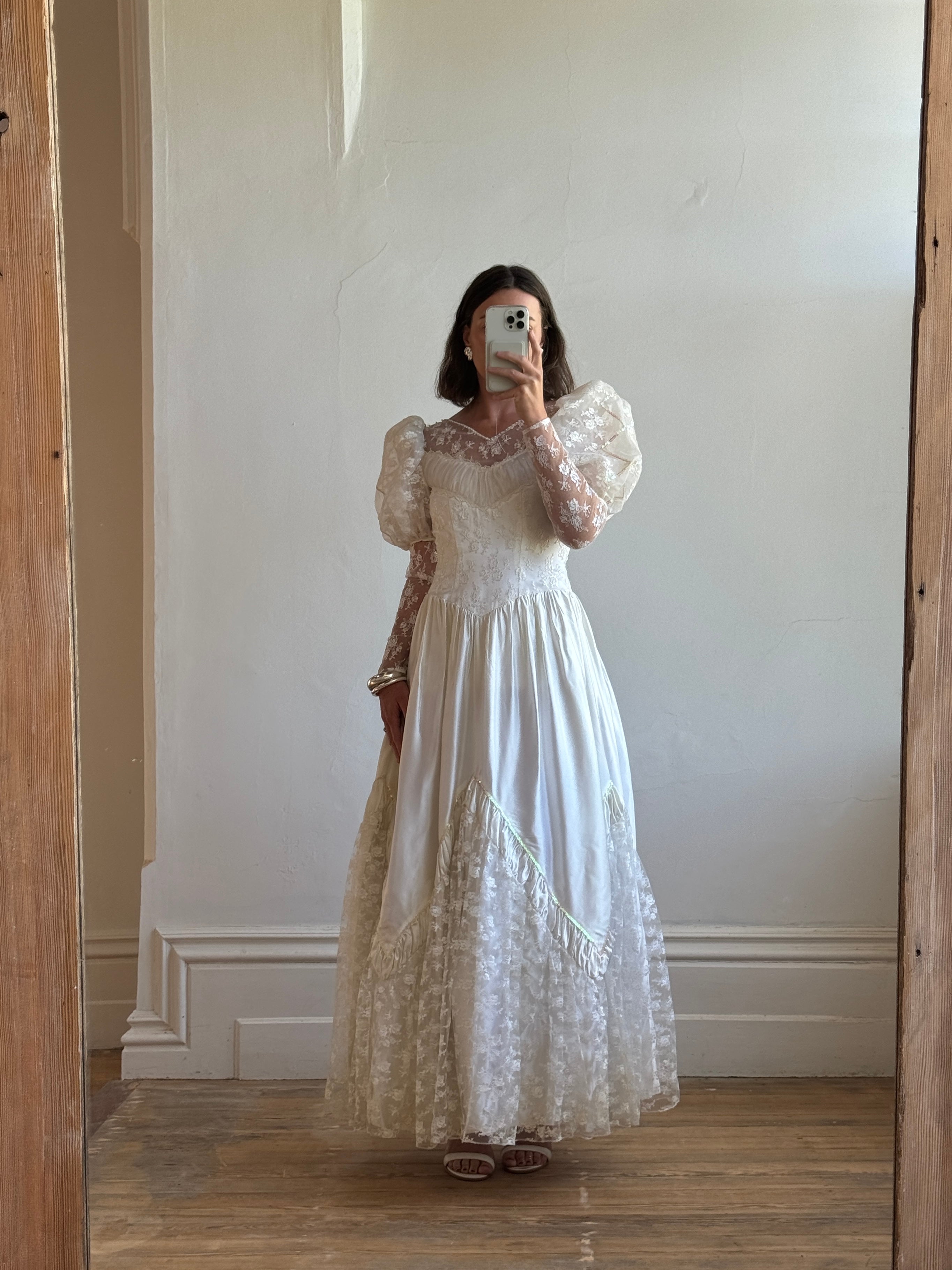 Vintage 80s Lace Satin Sequin Panelled Wedding Gown
