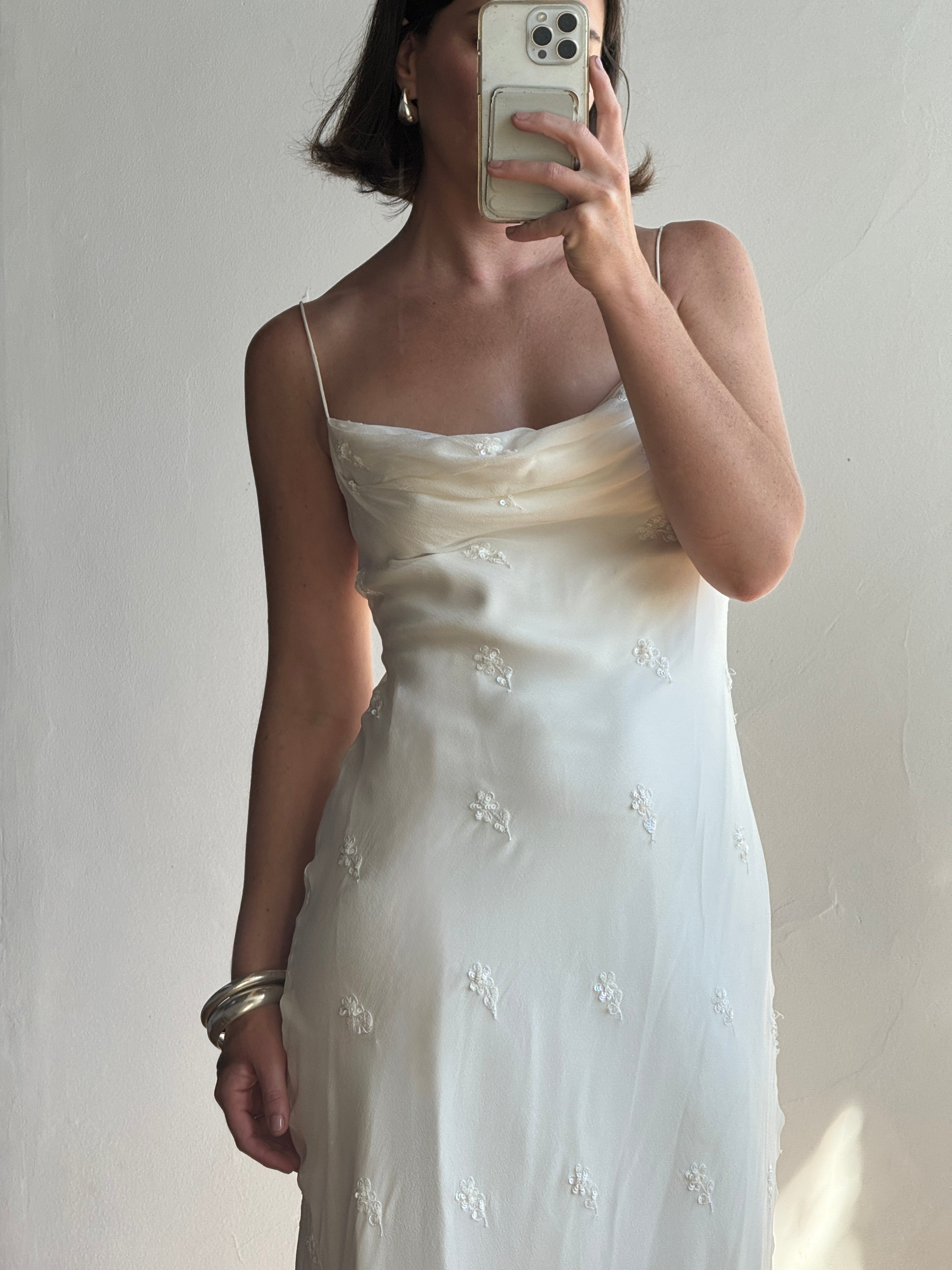 Vintage 90s Pure Silk Bias Cut Slip Embroidered Wedding Dress