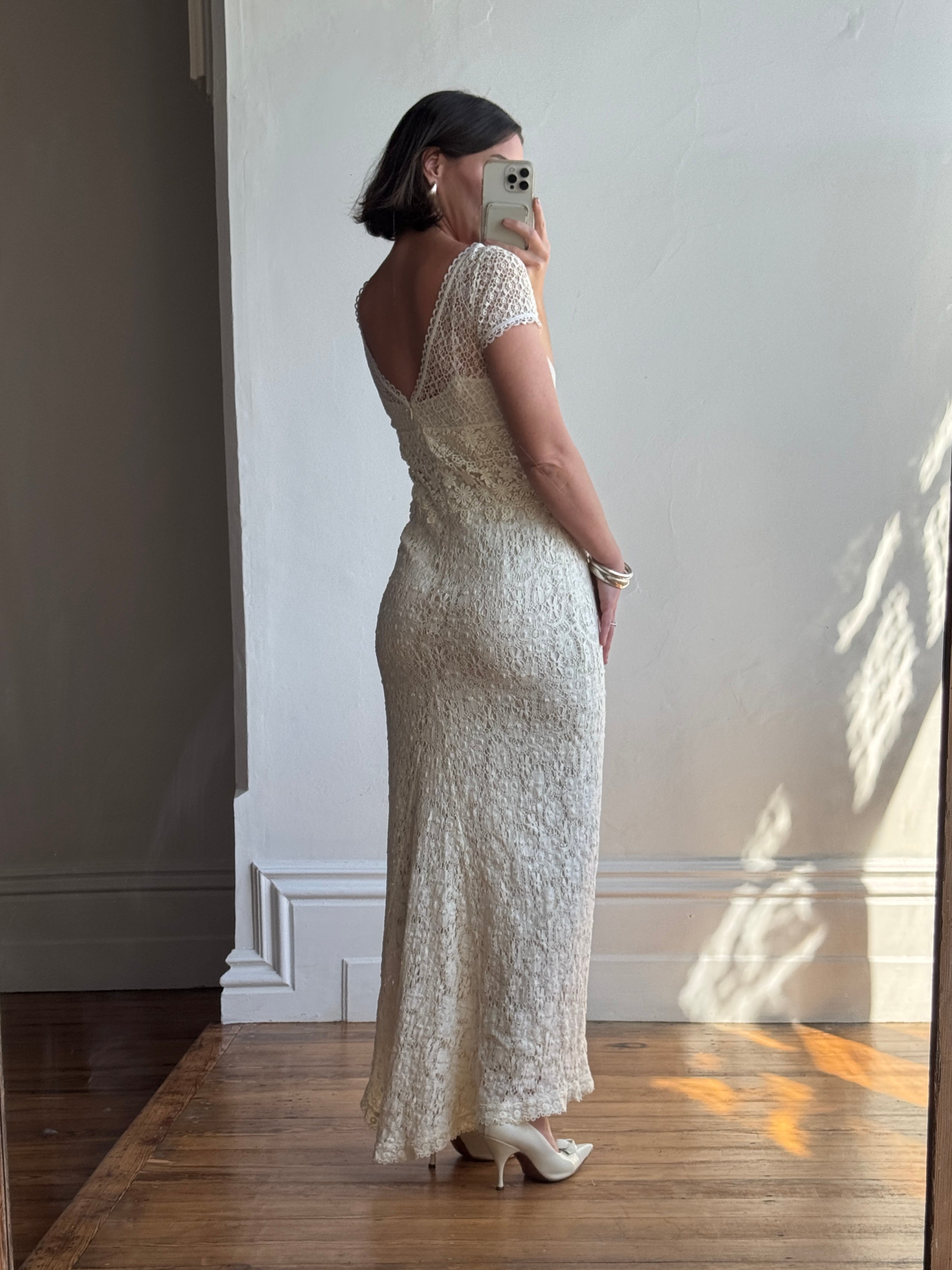 Vintage Y2K Designer Pure Silk and Cotton Crochet Wedding Dress