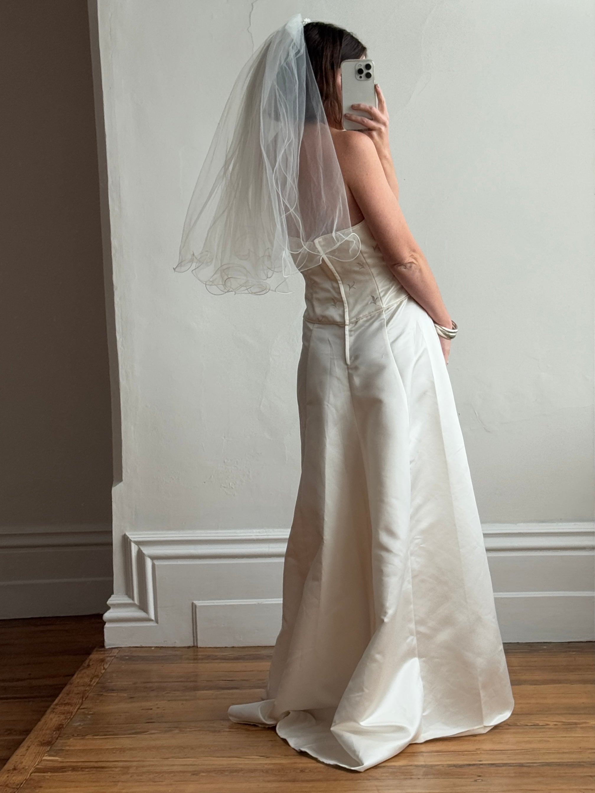 Vintage 90s Australian Made Column Strapless Satin Wedding Dress