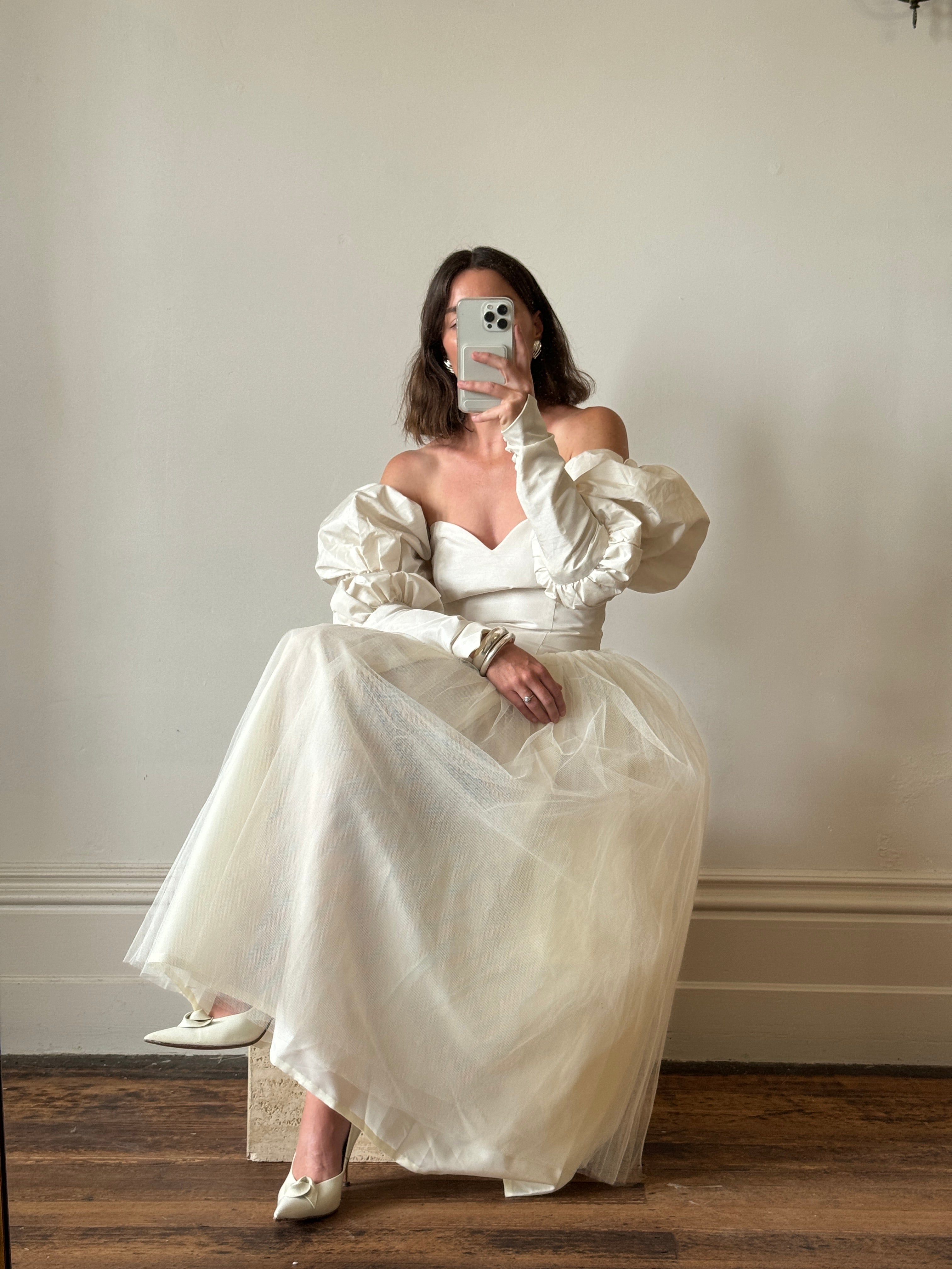 Vintage 80s Pure Silk and Tulle Off Shoulder Wedding Dress