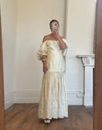 Vintage 80s Drop Waist Satin Jacquard Wedding Dress