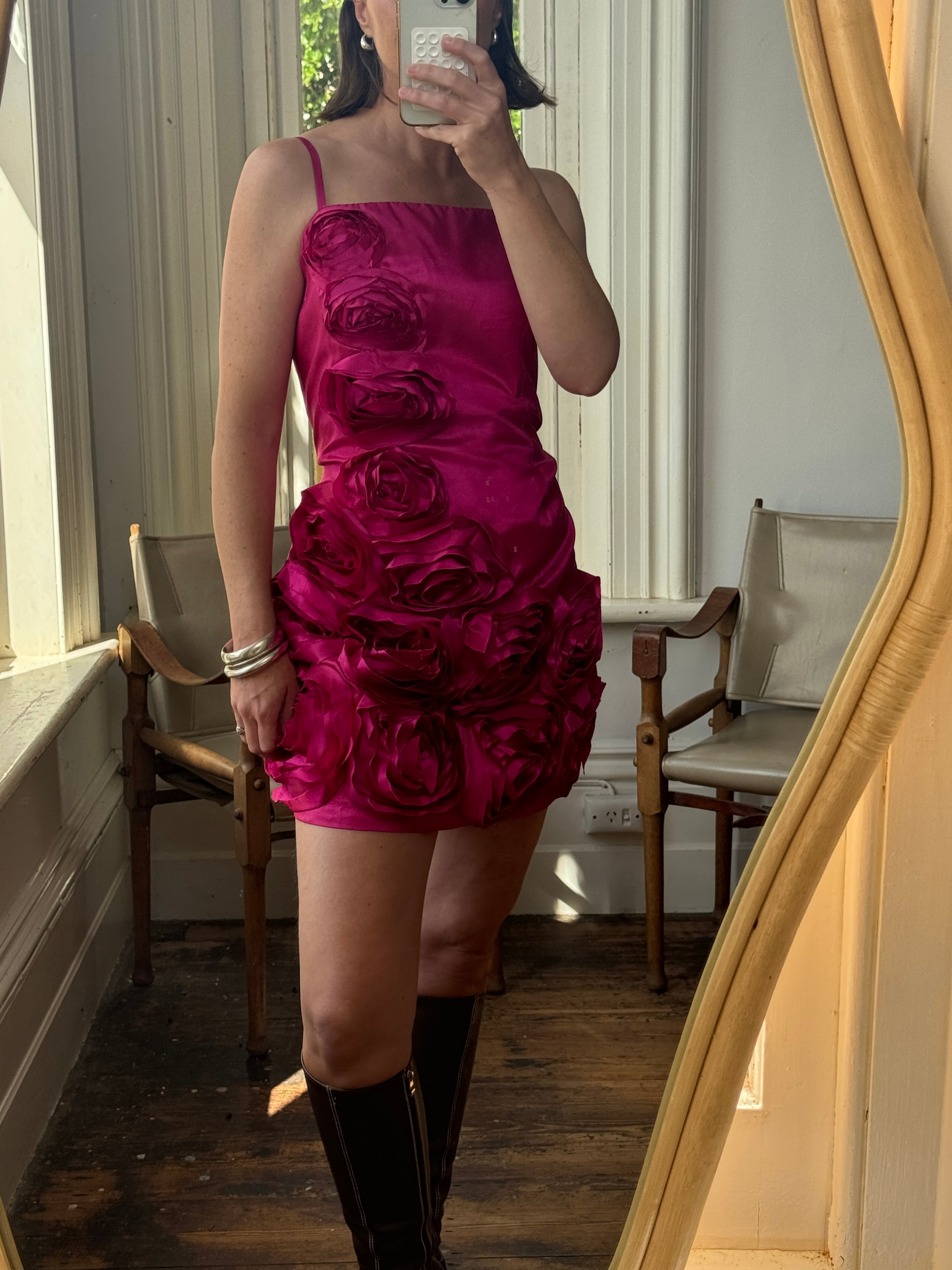 Vintage 80s Australian Made Rosette Mini Dress Fuchsia