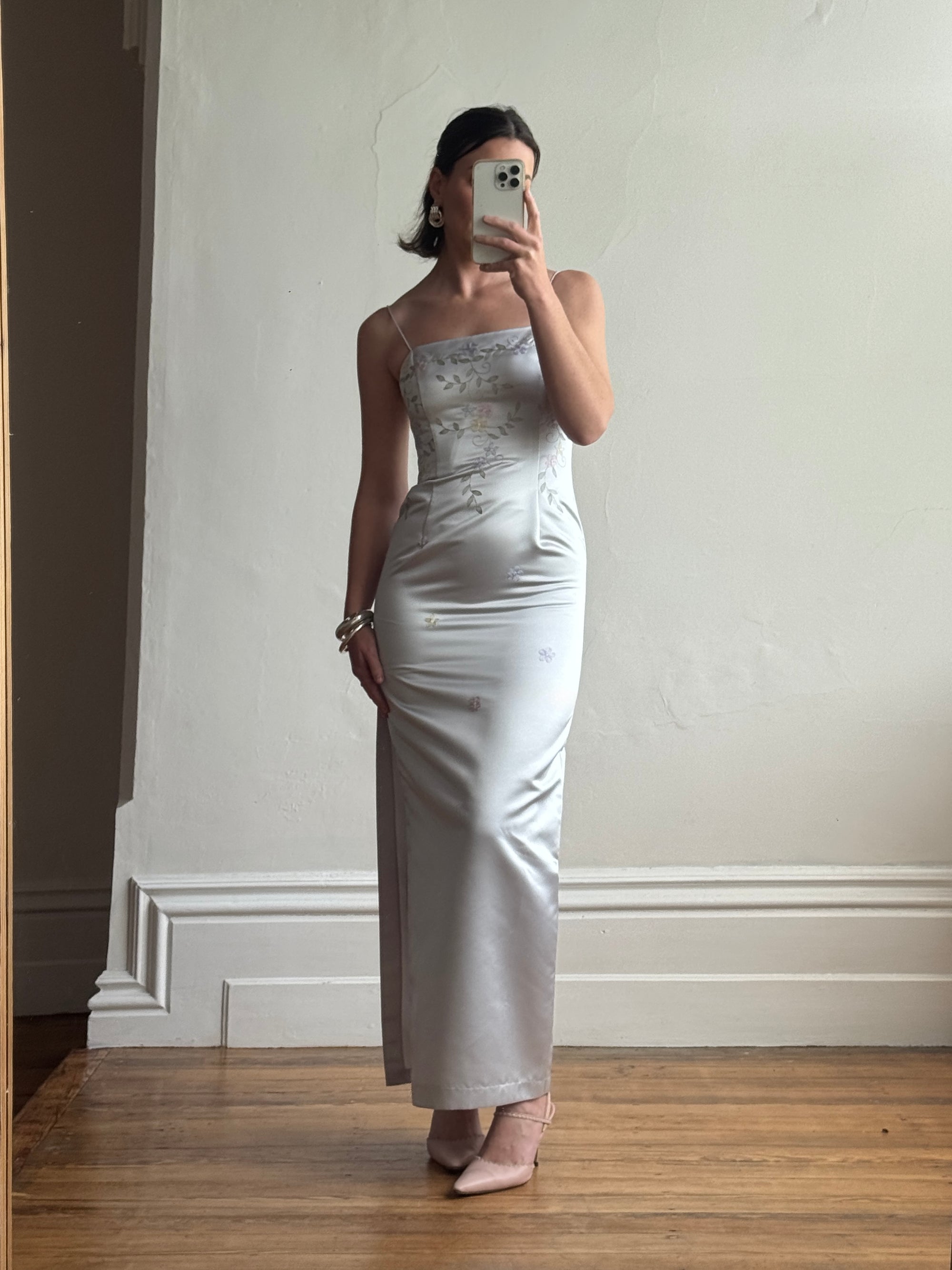Vintage 90s Baby Blue Satin Embroidered Floral Column Midi