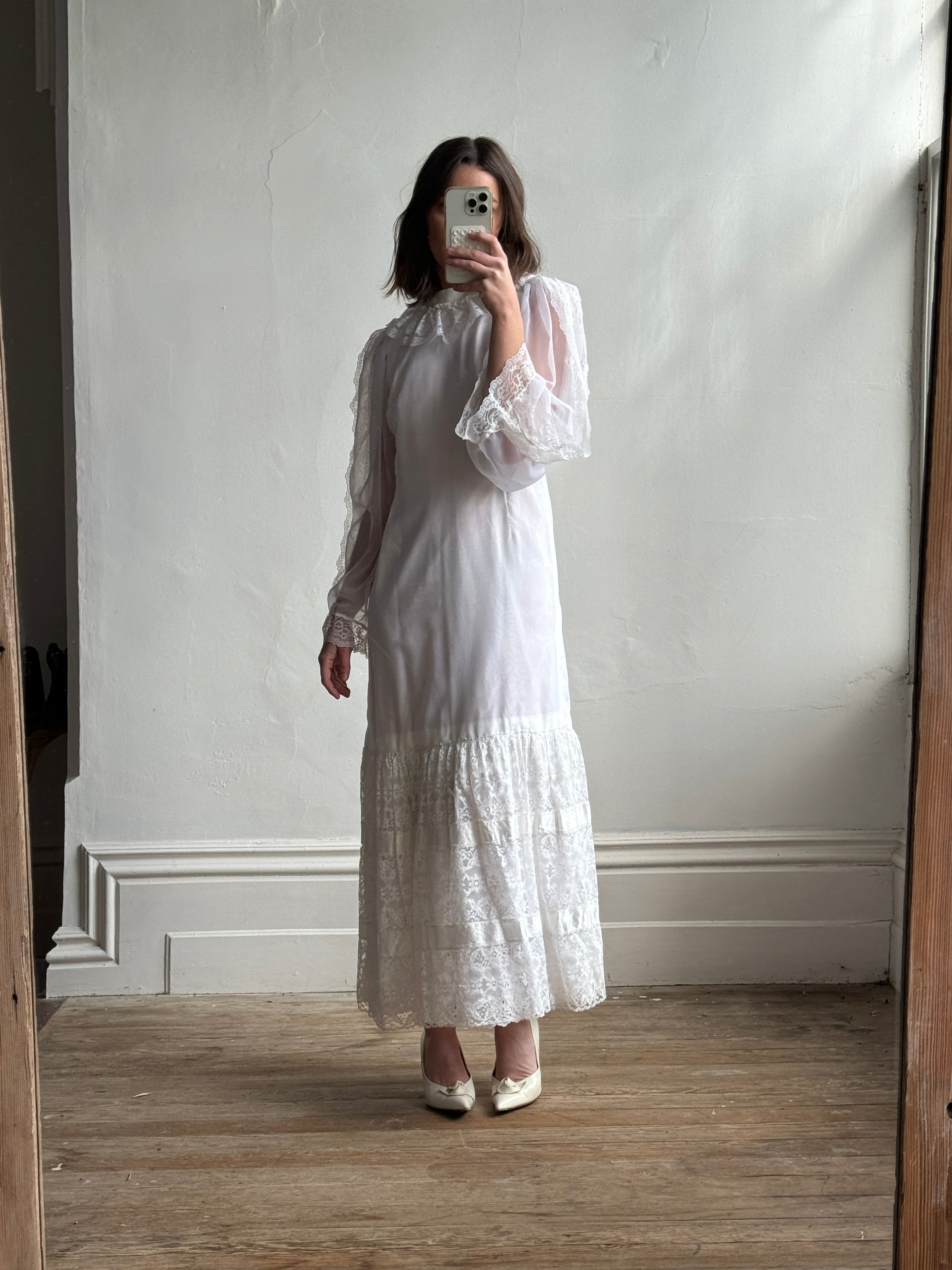 Vintage 70s Ruffled Bridal Midi