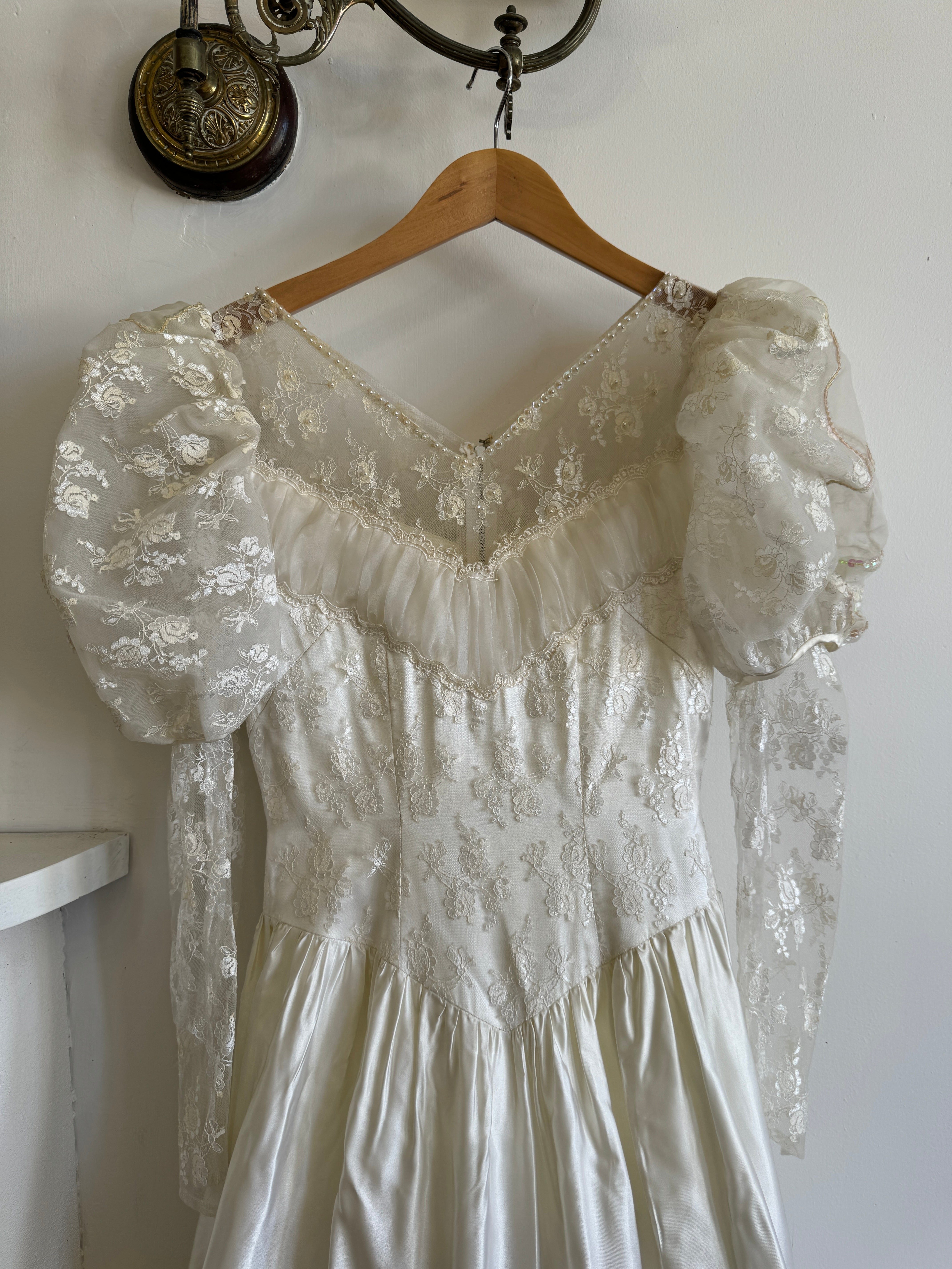 Vintage 80s Lace Satin Sequin Panelled Wedding Gown