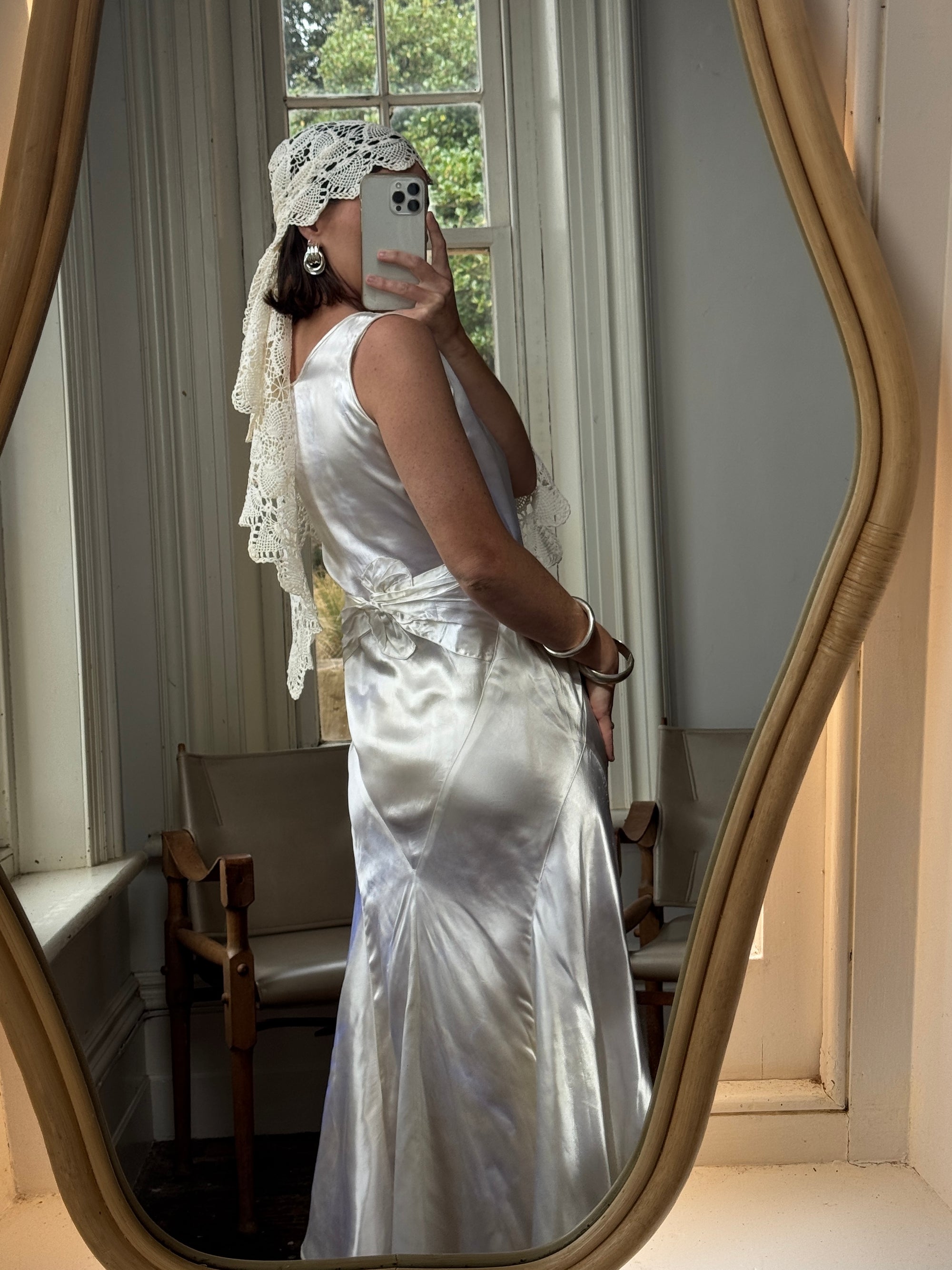 Vintage 30s Satin Bias Belted Bridal Midi