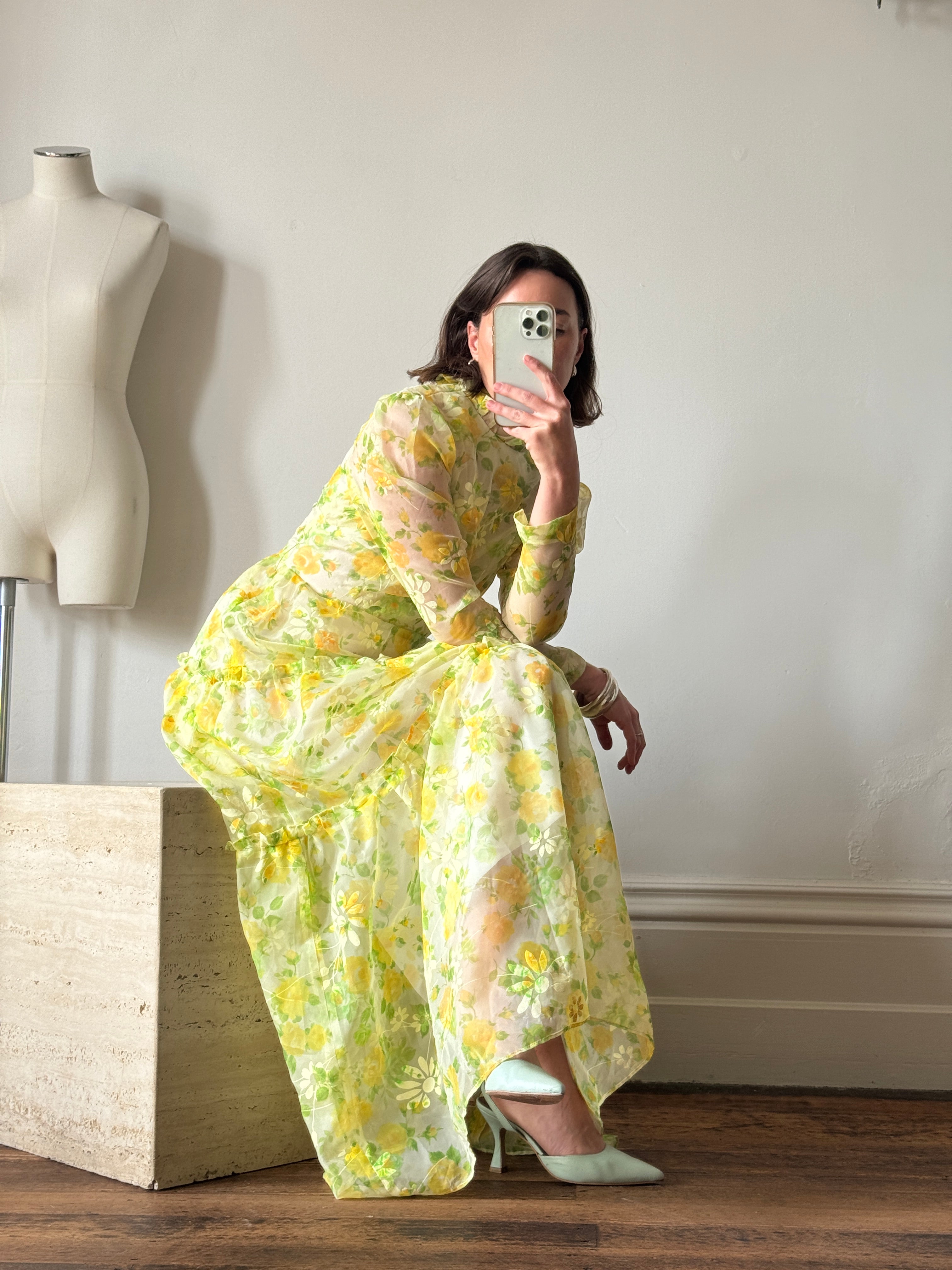 Vintage 70s Lemon Floral Tiered Maxi Dress