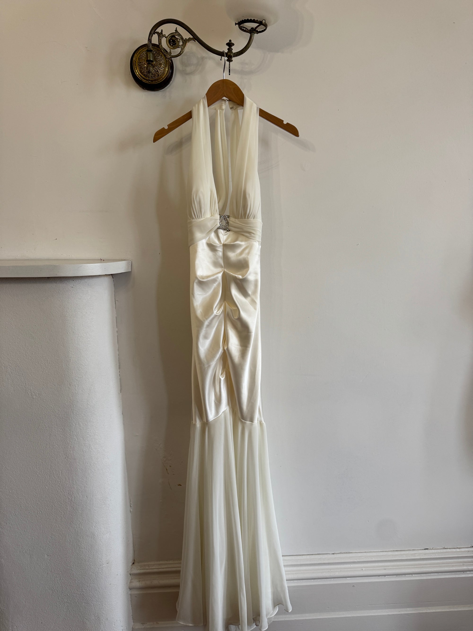 Vintage Y2K USA Made Mermaid Satin Fluted Dress Ivory
