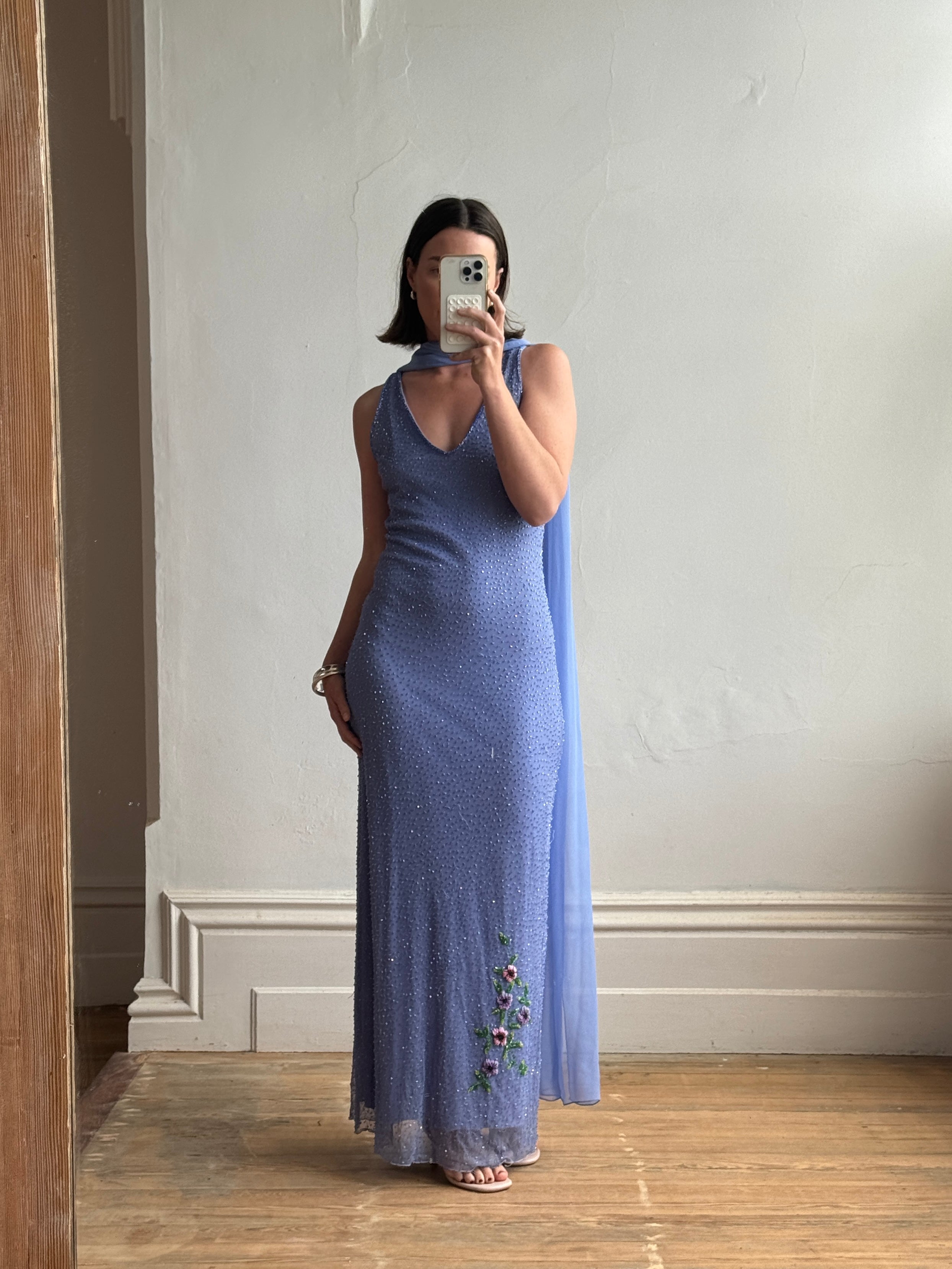 Vintage 90s Cornflour Blue Beaded Evening Gown With Scarf