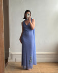 Vintage 90s Cornflour Blue Beaded Evening Gown With Scarf