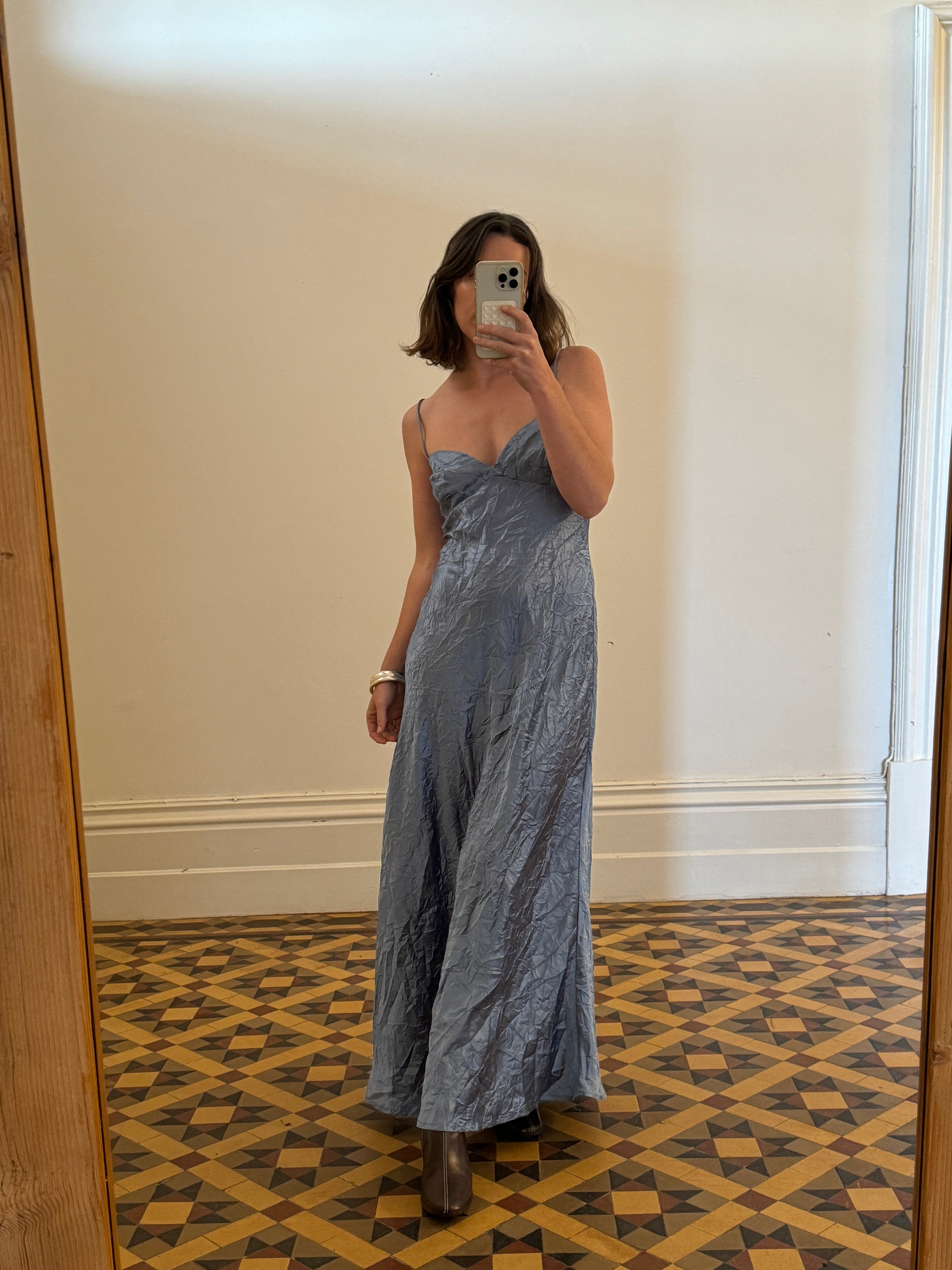 Vintage 90s Blue Crinkle Bias Slip Dress