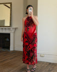 Vintage Y2K Burnt Velvet Beaded Fringe Halter and Skirt Set Crimson
