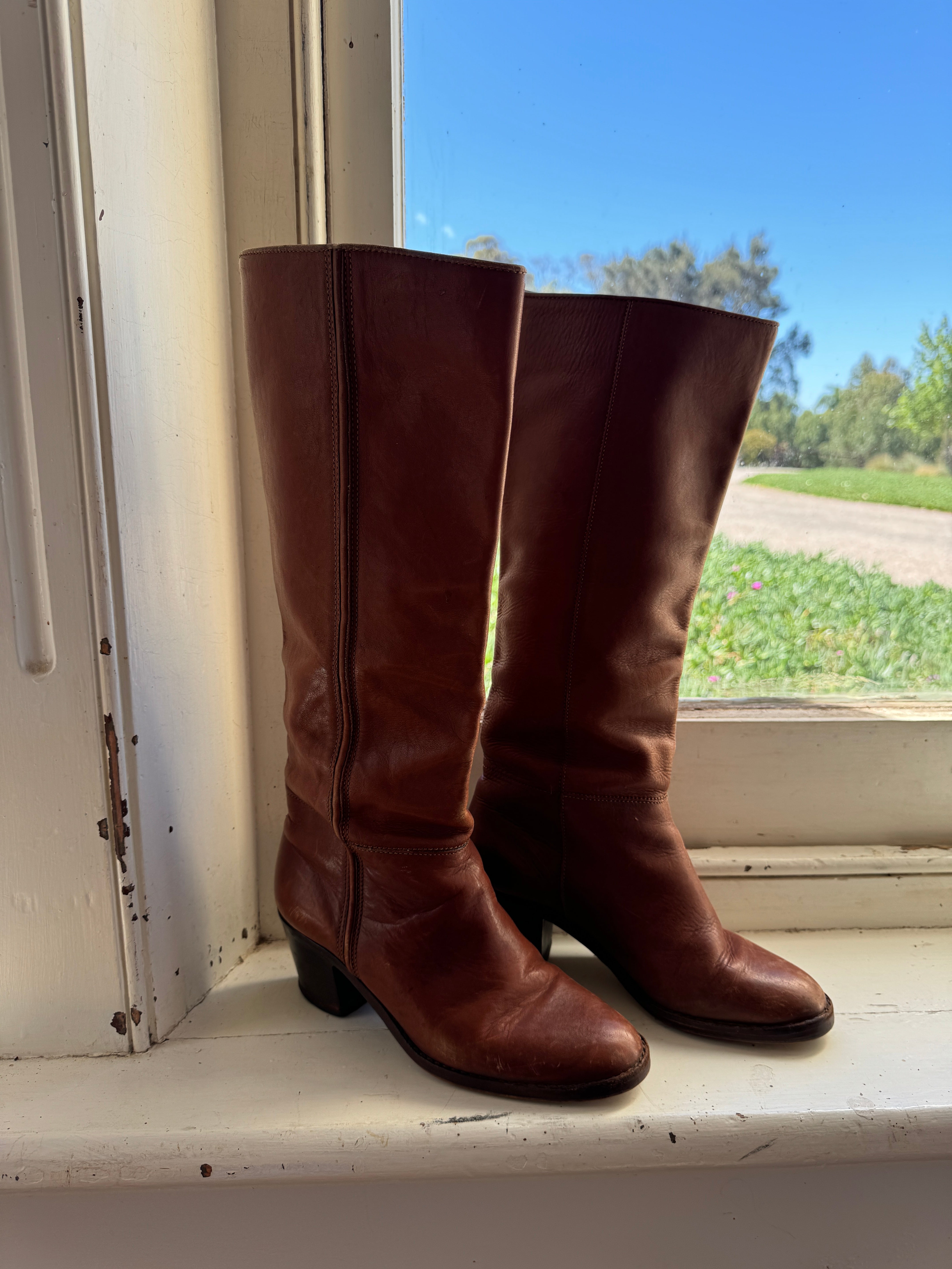Vintage 70s Cognac Leather Calf High Boots Made in Brazil