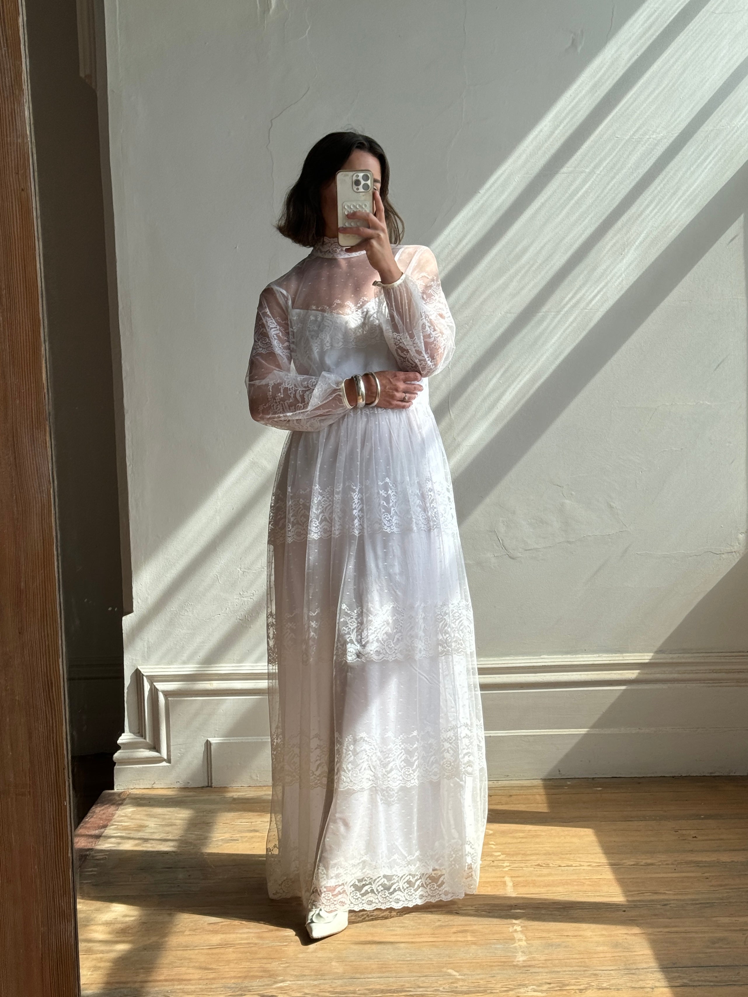 Vintage 70s Lace Long Sleeved High Neck Wedding Dress