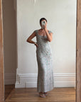 Vintage 90s Badgley Mischka Silver Pure Silk Embellished Gown