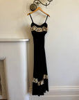 Vintage 40s Velvet Bias Strappy Dress with Lace Trim Noir