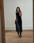 Vintage 90s Black Crinkle Midi Dress