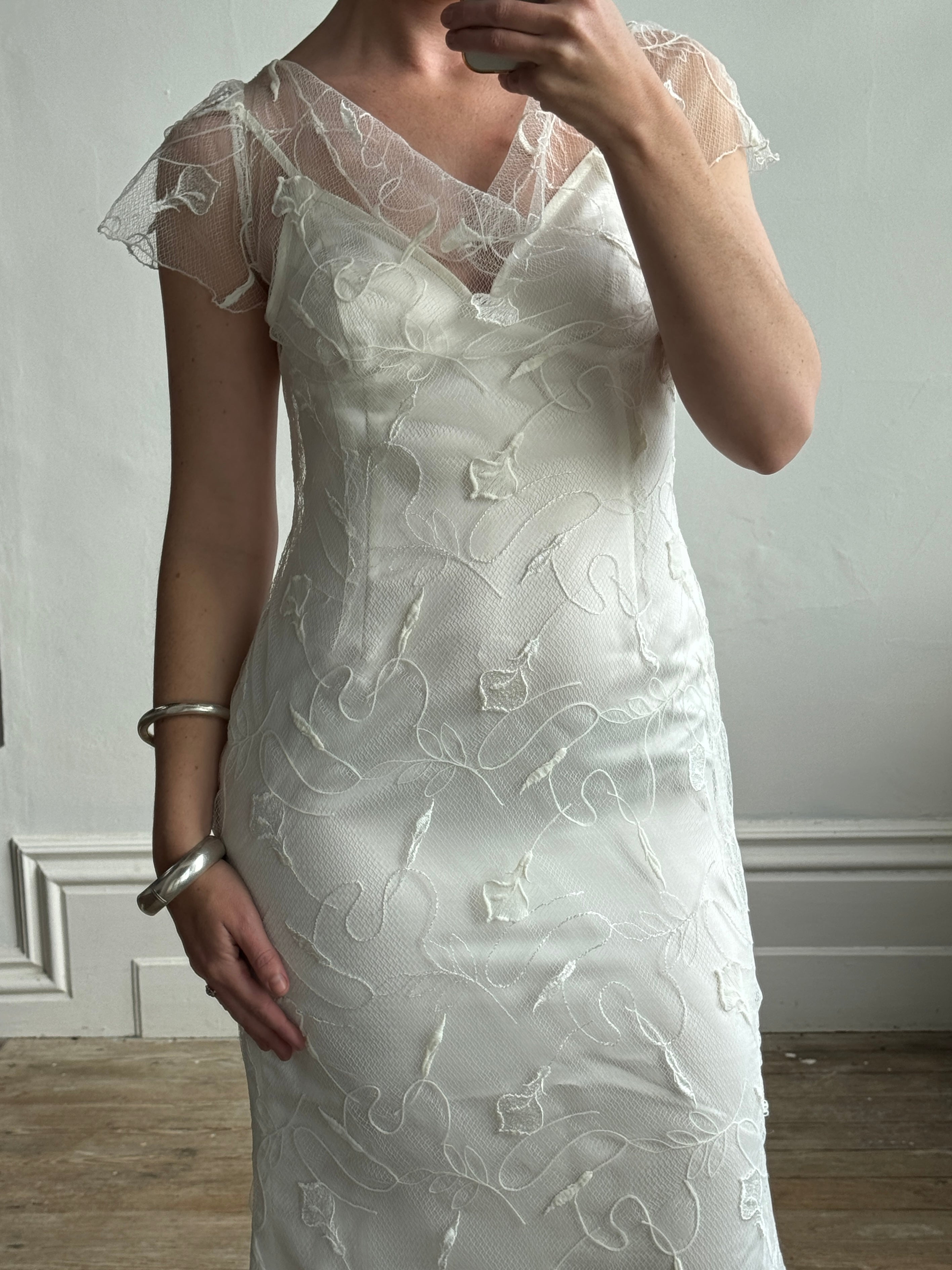 Vintage 90s Net Cowl Neck Mermaid Wedding Dress