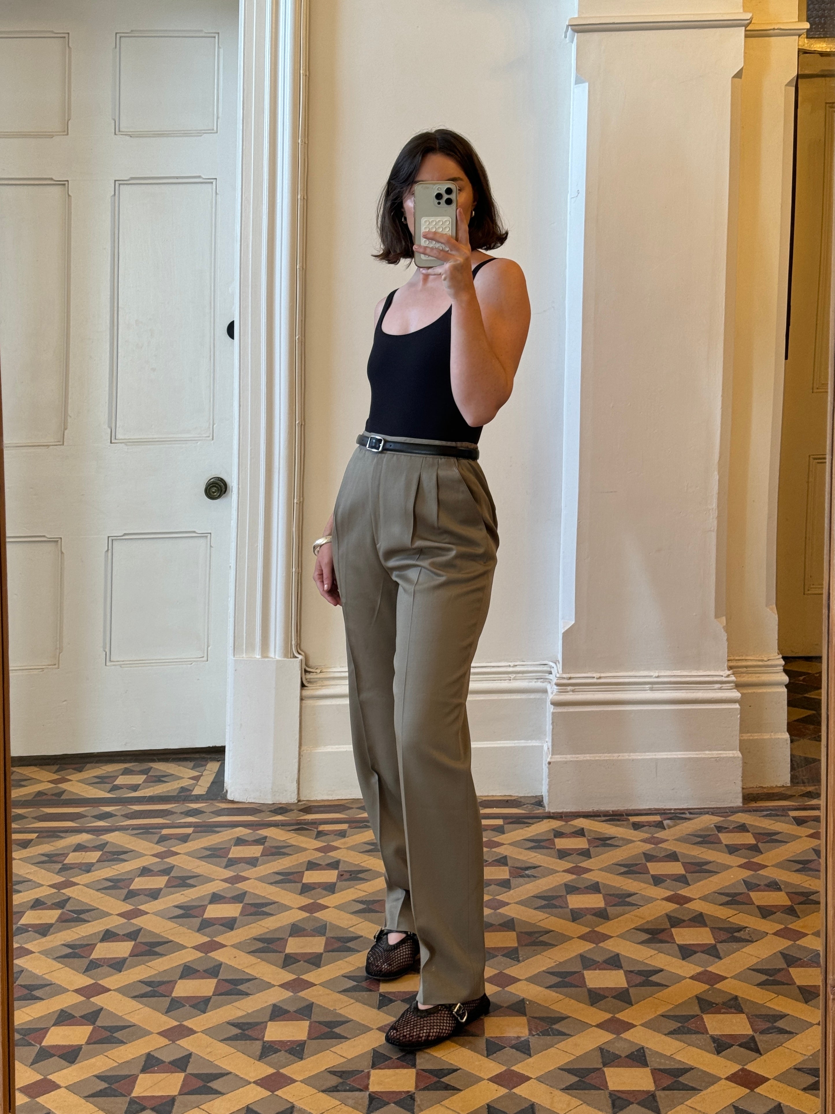 Vintage 80s Worsted Wool High Waist Suit Pant Olive Grey