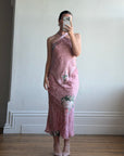 Vintage 90s Dusty Rose Floral Silk Halter Scarf Top and Skirt Set