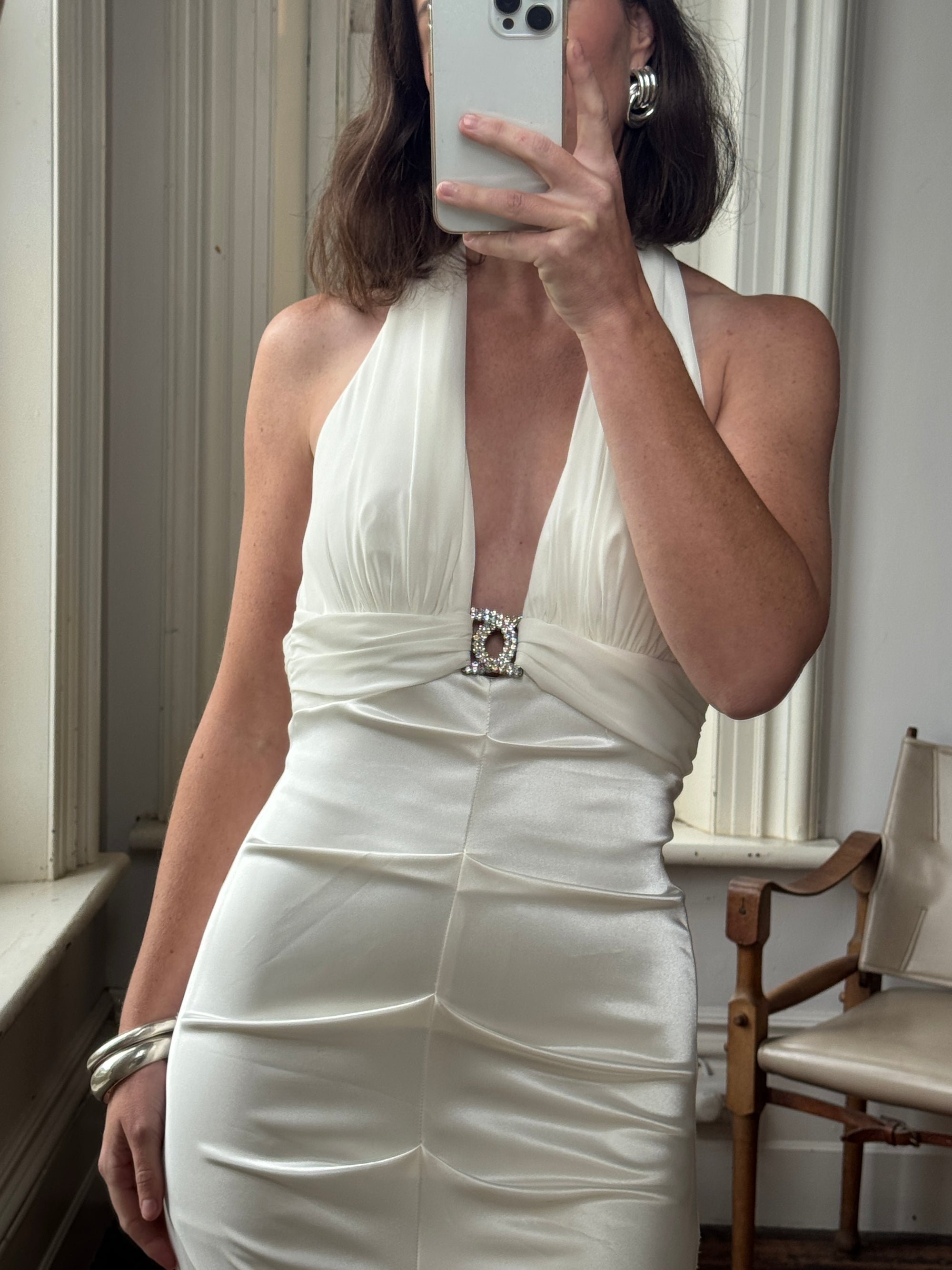 Vintage Y2K USA Made Mermaid Satin Fluted Dress Ivory