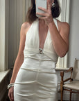 Vintage Y2K USA Made Mermaid Satin Fluted Dress Ivory