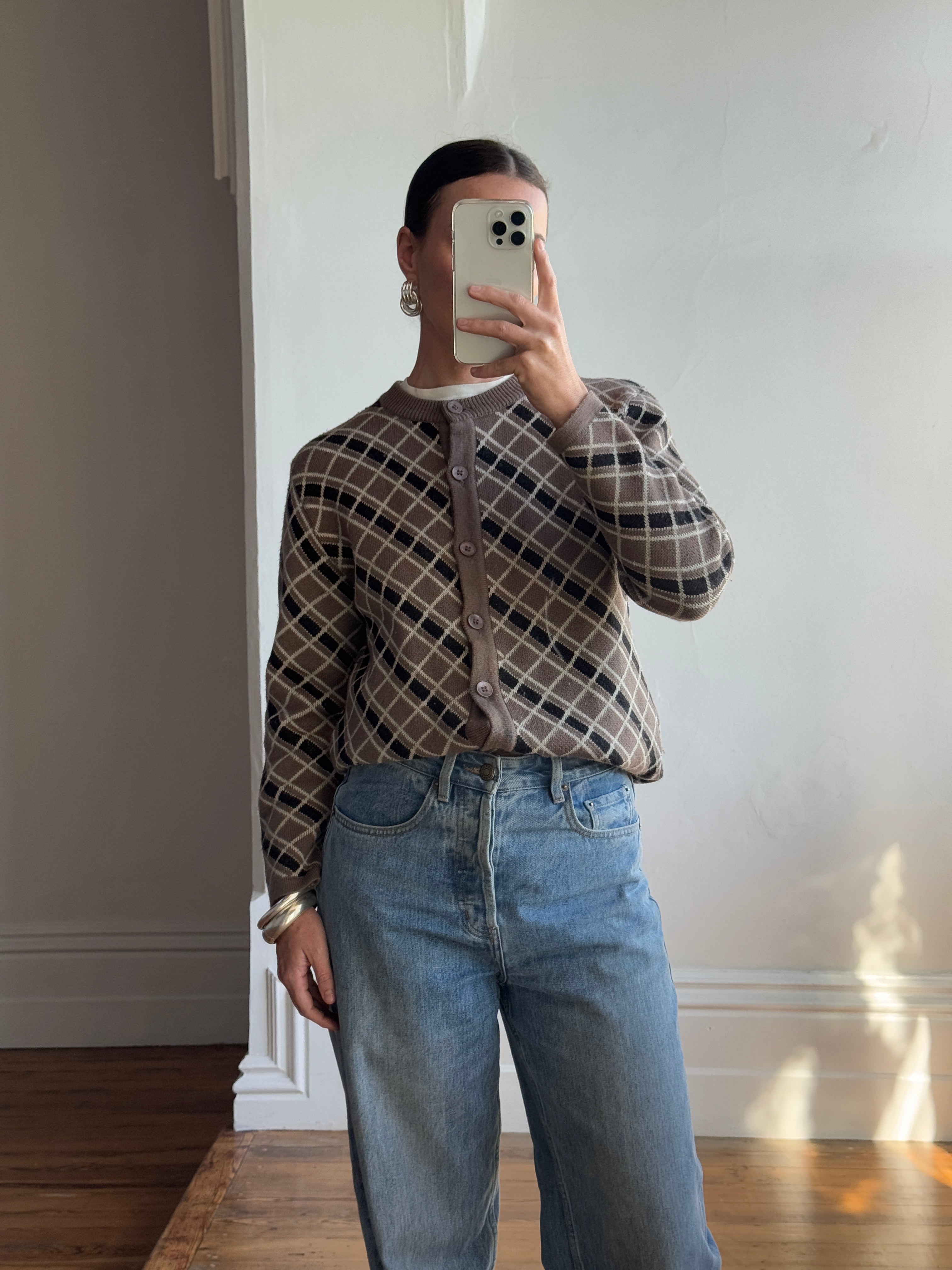 Vintage Pure Wool Check Cardi Taupe Black