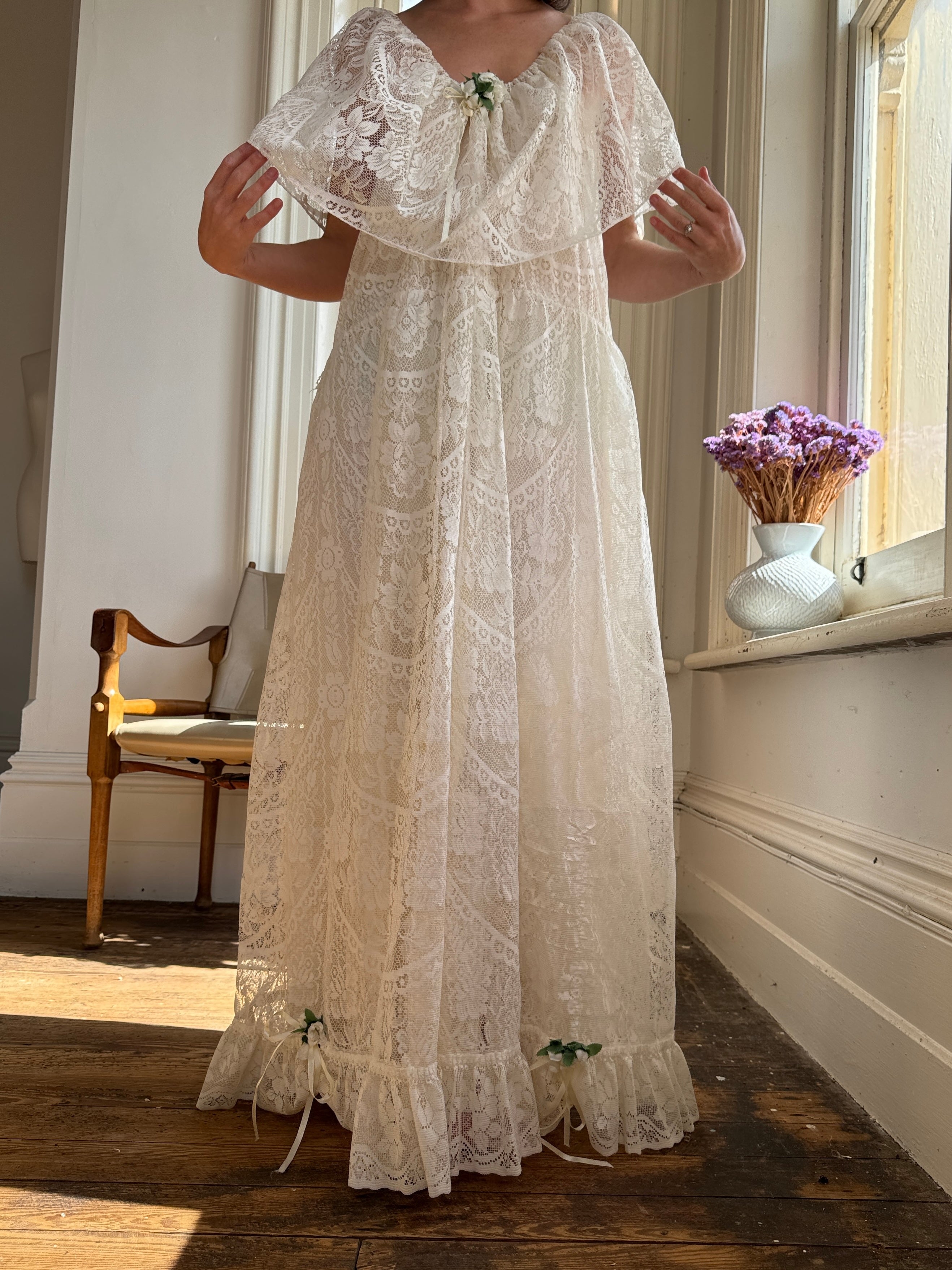 Vintage Lace Frilled Maxi Dress with Rose Applique