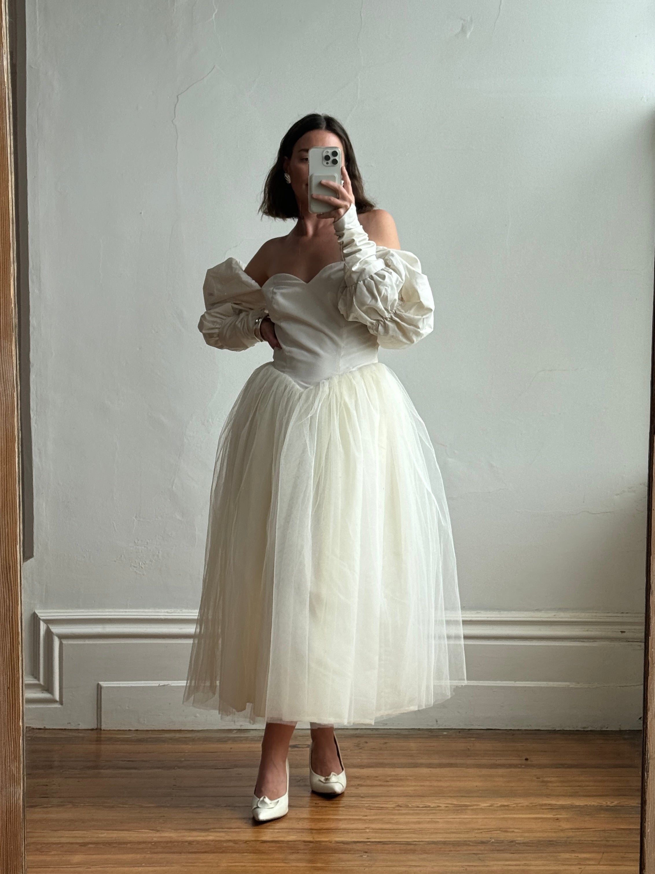 Vintage 80s Pure Silk and Tulle Off Shoulder Wedding Dress